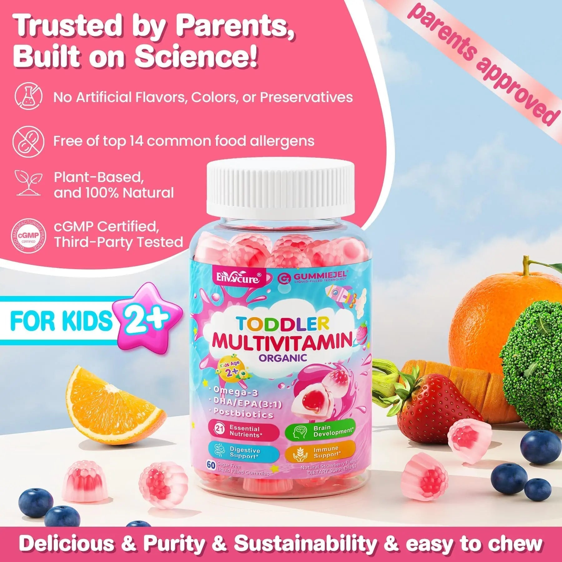 Organic Toddler Multivitamin Gummies + Omega-3 (DHA/EPA), Postbiotics | kids 2+ multivitamin | Vitamins A C D3 Methyl B12 Folate Zinc EnvyCure buy supplements canada