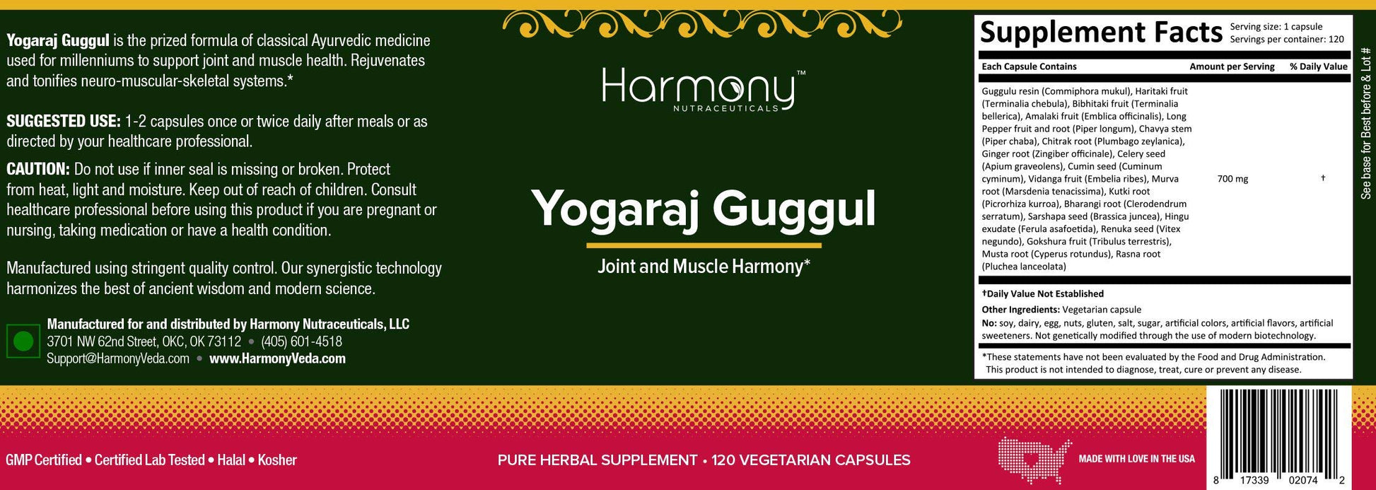 Harmony Nutraceuticals Yogaraj Guggulu - Organic - 120 Capsules - Ayurvedic Herbs for Pain in The Muscles, Nerves & Joints Harmony Nutraceuticals buy supplements canada