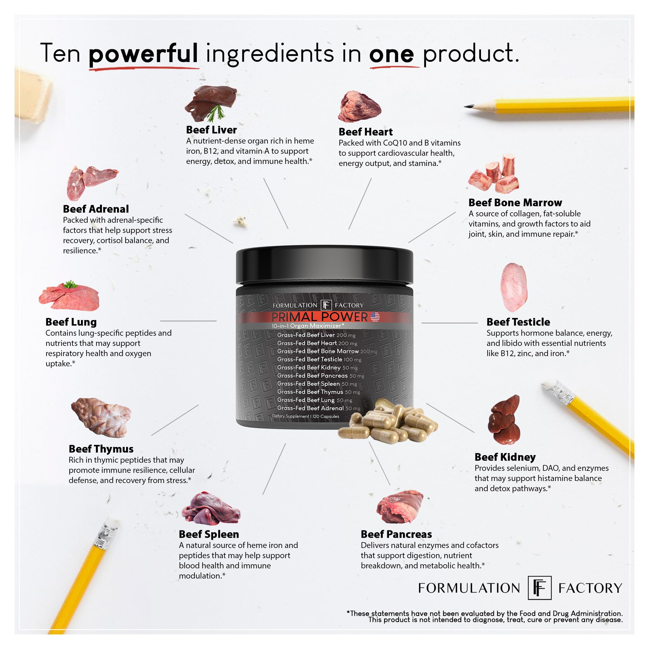 Formulation Factory Beef Liver Capsules - 10-in-1 Primal Powder Beef Organ Supplement for Men & Women with Bone Marrow & Beef Testicle - Grass Fed Ancestral Health - 120 Capsules, 2 Month Supply Formulation Factory buy supplements canada