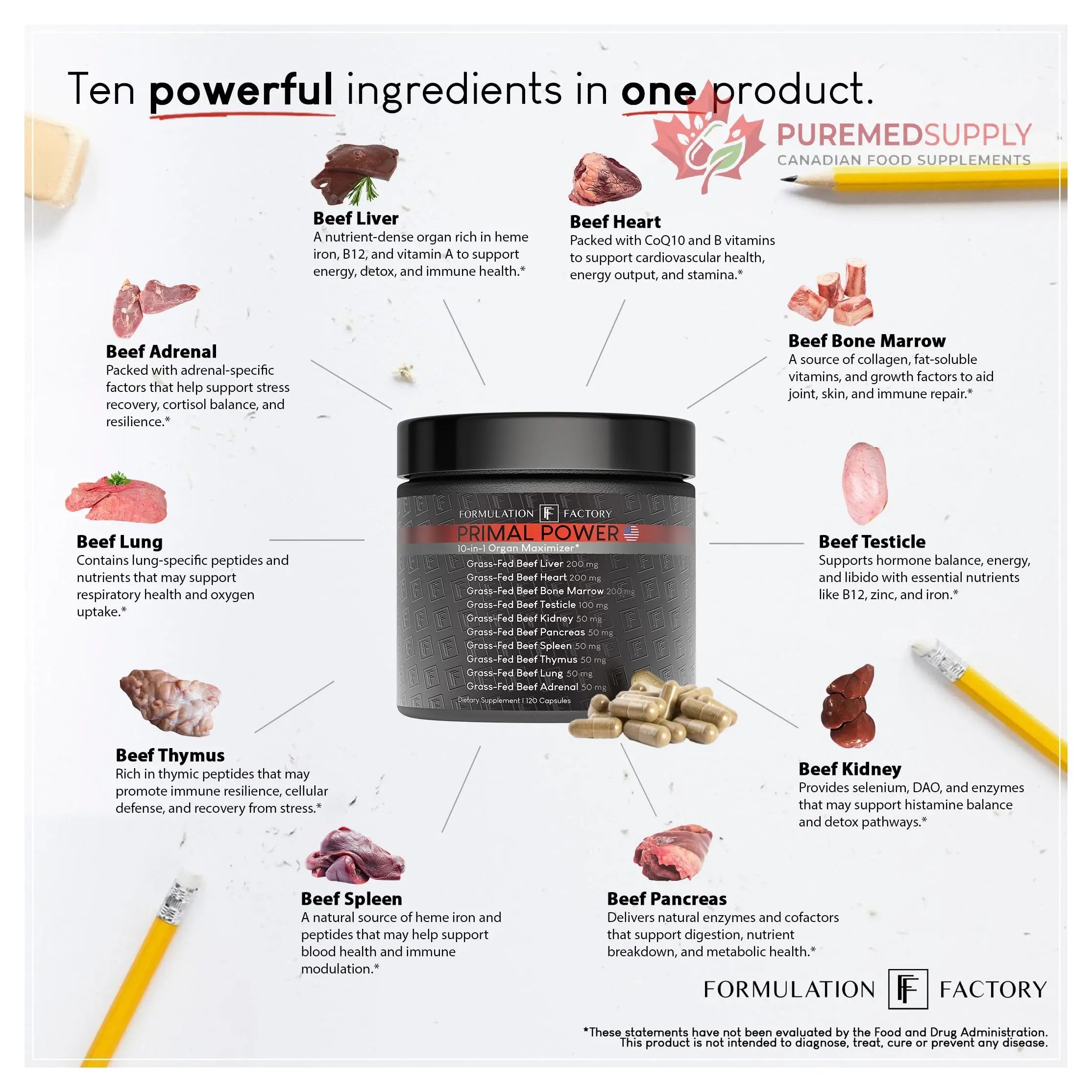 Formulation Factory Primal Power 10-in-1 Grass-Fed Organ Supplement with Beef Liver, Heart, Marrow, Testicle, Kidney, Supports Vitality, Hormones, Energy, Immunity (4 Month Supply, 240 Capsules) Formulation Factory buy supplements canada