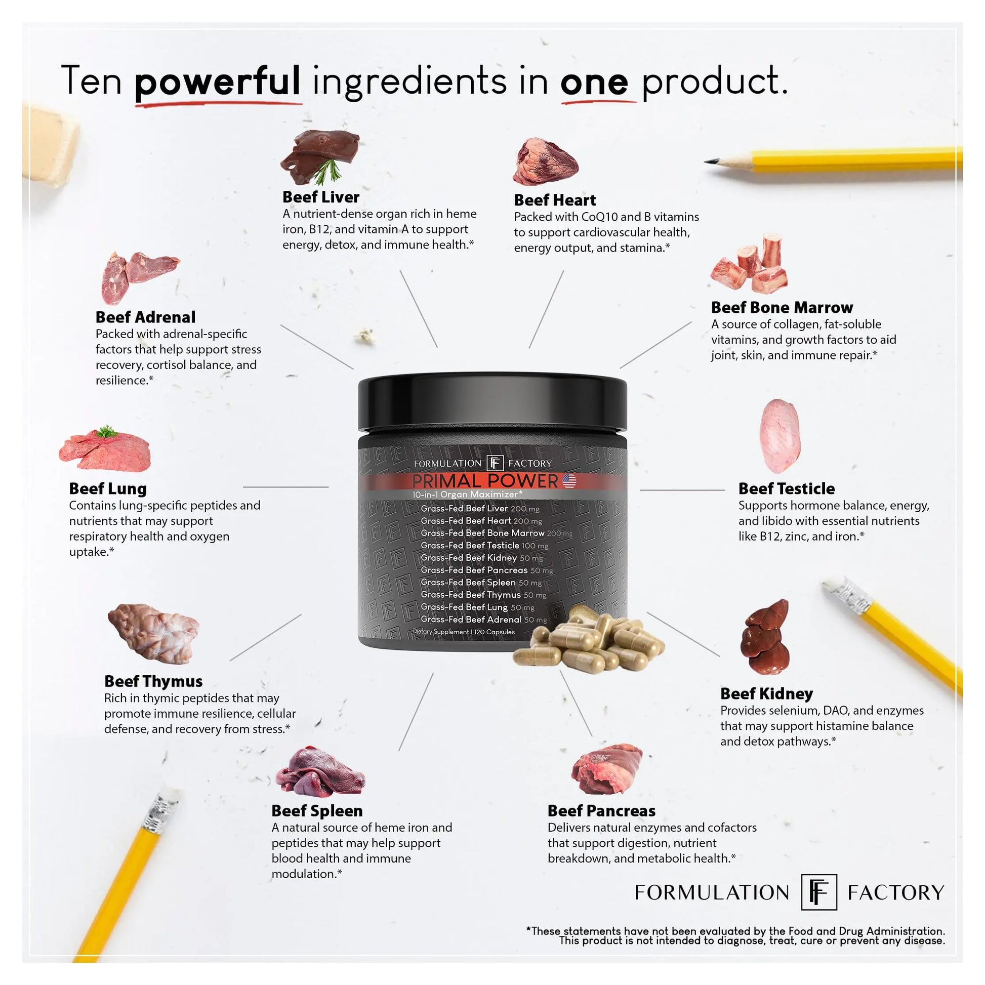 Formulation Factory Primal Power 10-in-1 Beef Organ Supplement - Grass Fed Beef Liver Capsules with Heart, Bone Marrow, Kidney, Testicle - Freeze Dried Organ - 120 Capsules, 2 Month Supply Formulation Factory buy supplements canada