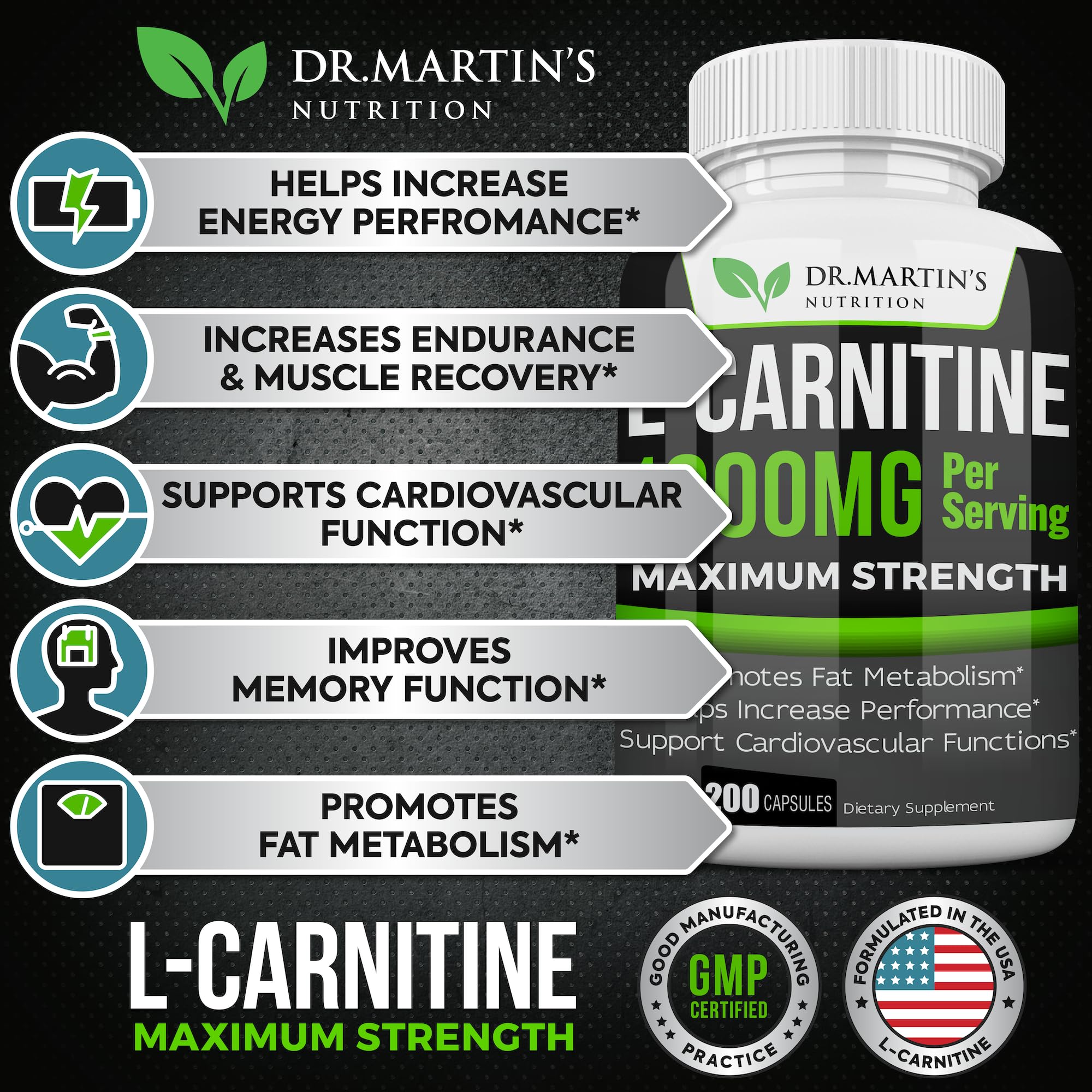 DR. MARTIN'S NUTRITION Extra Strength L-Carnitine - 200 Capsules - 1000mg Per Serving - Boost Your Metabolism and Increase Performance DR. MARTIN'S NUTRITION buy supplements canada
