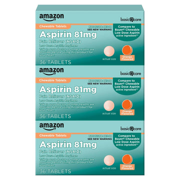 Amazon Basic Care Aspirin 81 mg Pain Reliever (NSAID) Chewable Tablets, Low Dose , Orange Flavor, 36 Count (Pack of 3) Amazon Basic Care buy supplements canada