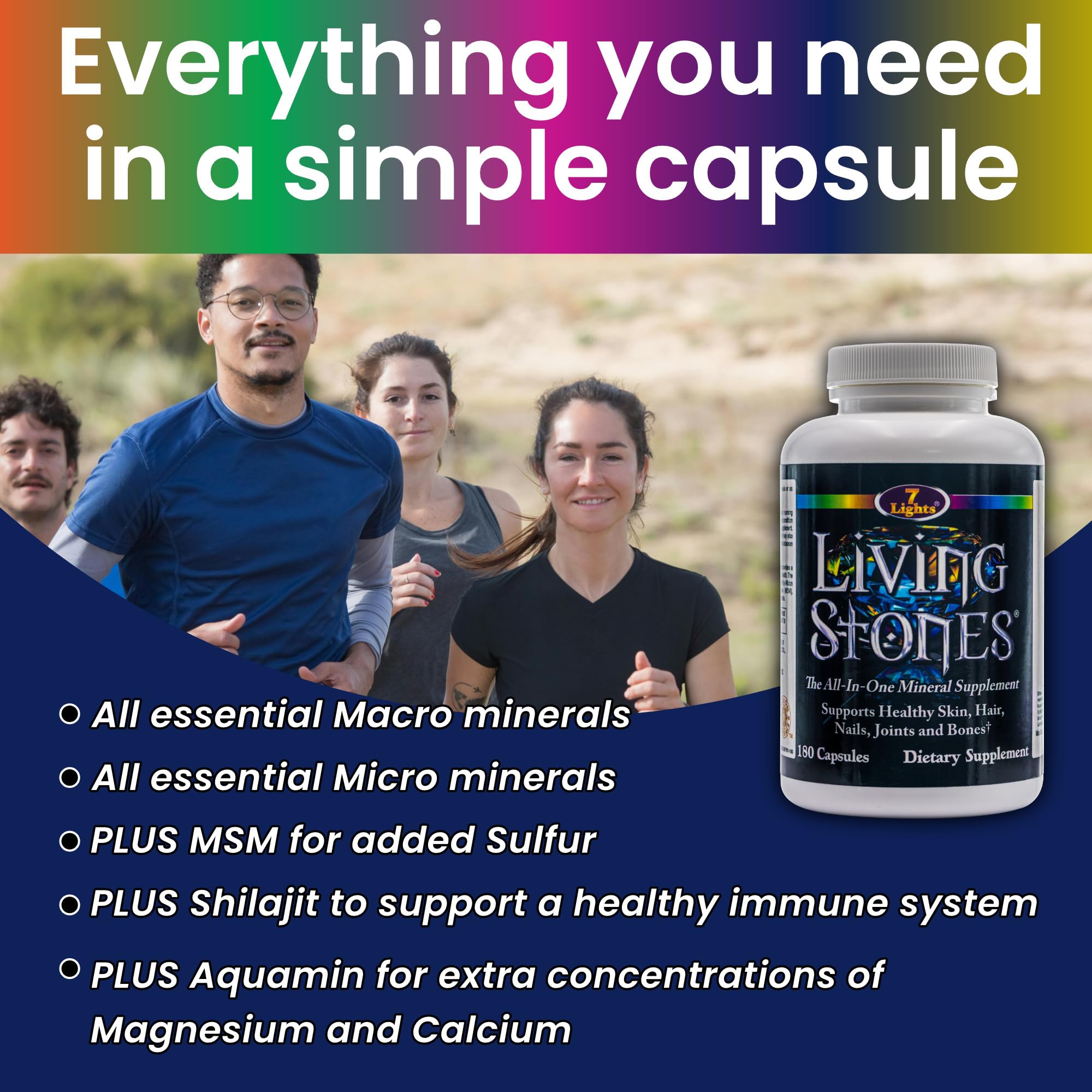 Living Stones, Complete Mineral Supplement with Zinc, Calcium, Magnesium, Selenium, Trace Minerals, No Added Iron, with MSM (Organic Sulfur) and Shilajit, Premium Absorption (30-Day Supply - 180 Caps) 7 Lights buy supplements canada