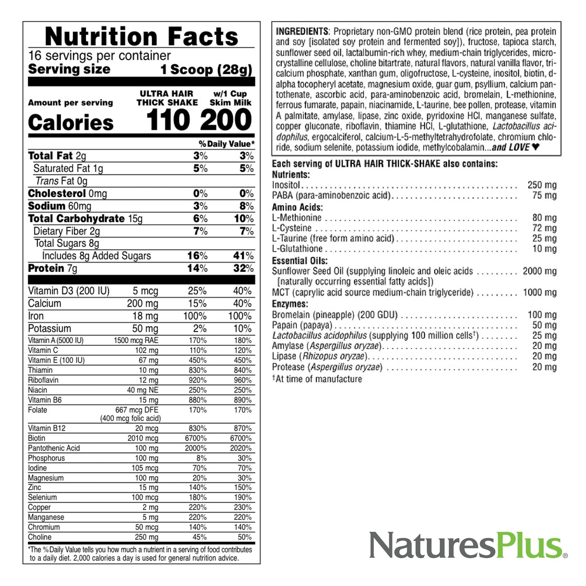 NaturesPlus Ultra Hair Thick Shake - 1 lb - French Vanilla Flavor - Hair Protein Powder for Healthy Growth - With Biotin & Amino Acids - Non-GMO, Gluten-Free - 16 Servings NaturesPlus buy supplements canada