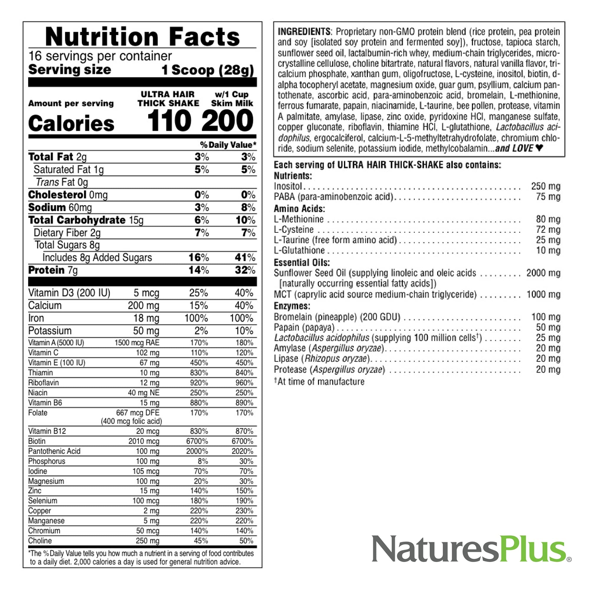 NaturesPlus Ultra Hair Thick Shake - 1 lb - French Vanilla Flavor - Hair Protein Powder for Healthy Growth - With Biotin & Amino Acids - Non-GMO, Gluten-Free - 16 Servings NaturesPlus buy supplements canada