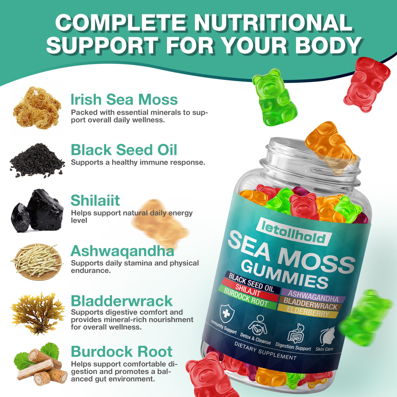 Sea Moss Gummies - Irish Sea Moss Gummies Advanced for Adults with Ashwagandha Bladderwrack & Burdock Root for Supports Immune，Energy - 60 Vegan Gummy,2PCS letollhold buy supplements canada