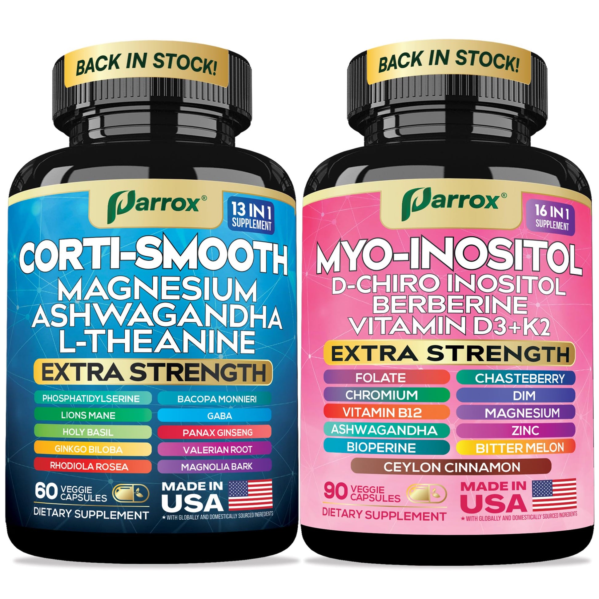 Parrox Cortisol & Myo-Inositol Supplement Bundle, Soothe & Smooth Bundle, 13-in-1 Cortisol Balance, Magnesium, Ashwagandha, L-Theanine, D-Chiro Inositol, Folate, Berberine, Chasteberry (150 Capsules) Parrox buy supplements canada