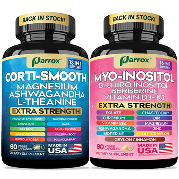 Parrox Cortisol & Myo-Inositol Supplement Bundle, Soothe & Smooth Bundle, 13-in-1 Cortisol Balance, Magnesium, Ashwagandha, L-Theanine, D-Chiro Inositol, Folate, Berberine, Chasteberry (150 Capsules) Parrox buy supplements canada