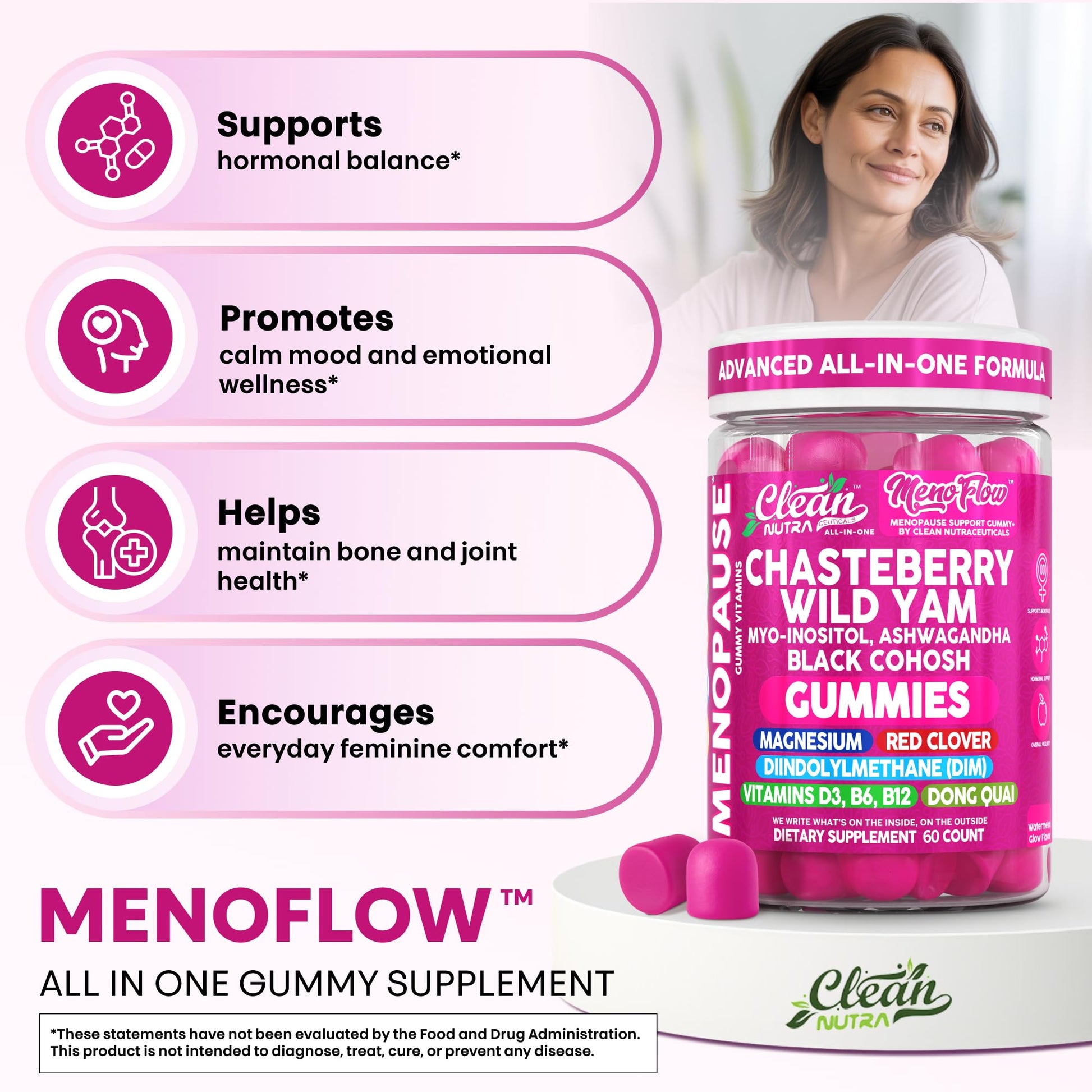 Clean Nutra Menopause Supplements for Women Chastberry Wild Yam Gummies Inositol Black Cohosh Magnesium Red Clover DIM Supplement B6 Magnesium Glycinate Glycine Vitex Hormone Balance Gummy Vitamins Clean Nutraceuticals buy supplements canada