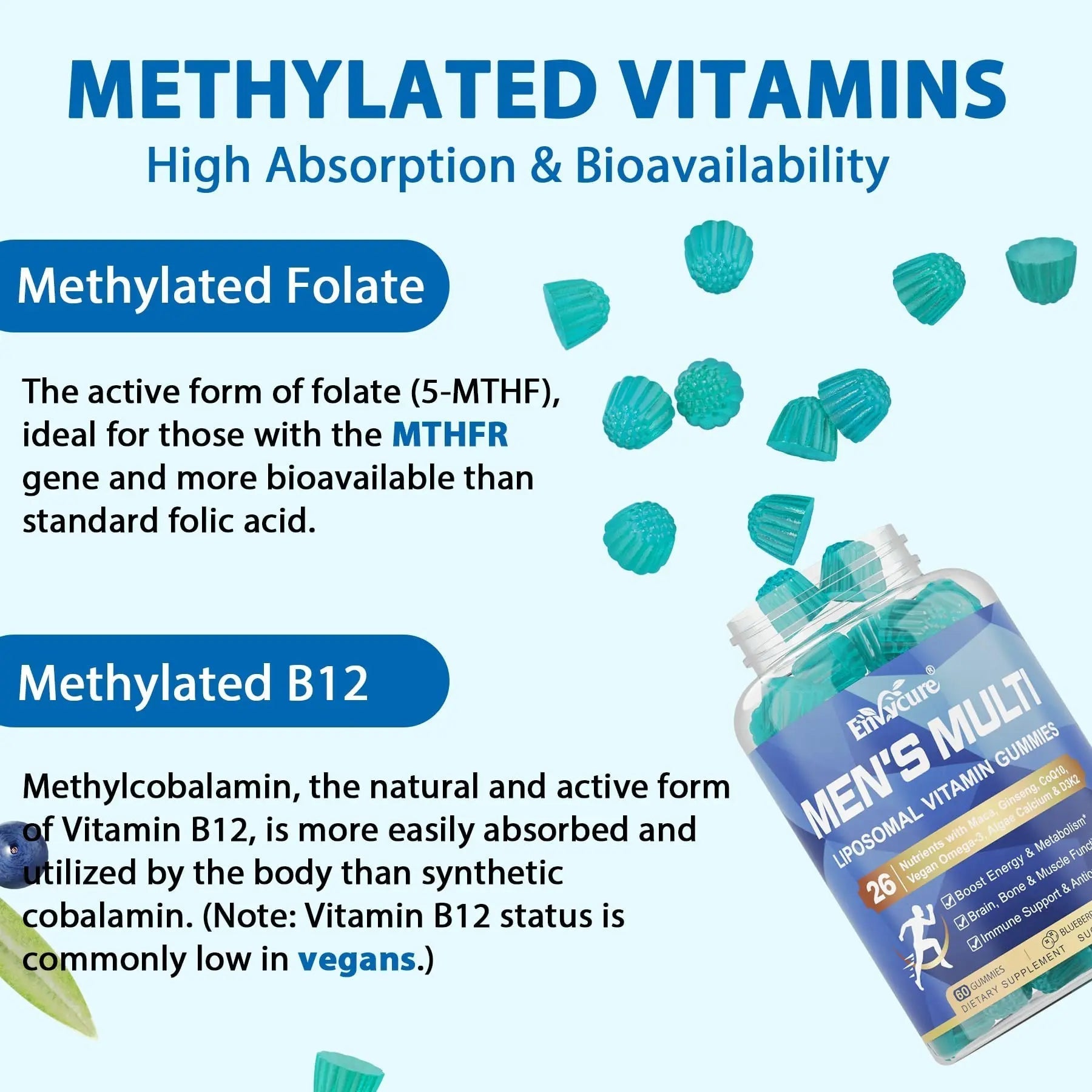 Methylated Multivitamin for Men Gummies, Vegan Omega 3, CoQ10, Zinc, Vitamin A C D3 K2 E B Complex, Calcium, Magnesium, Lycopene EnvyCure buy supplements canada