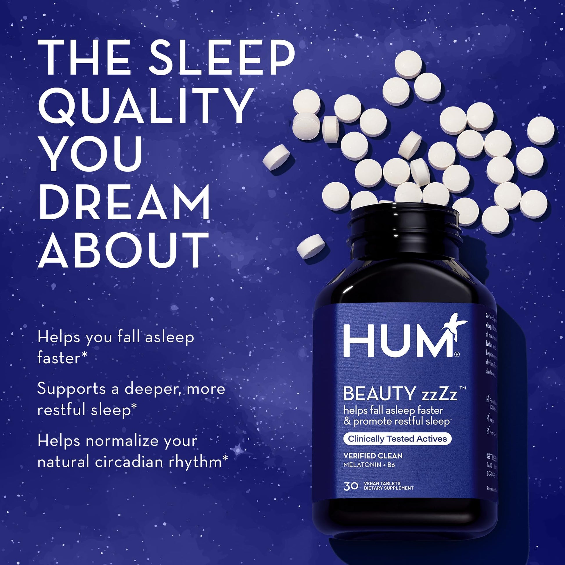 HUM Beauty zzZz Melatonin Sleep Supplement for Adults with Melatonin 3mg, Vitamin B6 and Calcium, Vegan, Gluten Free, Non GMO Sleep Support Tablets for Adults and Beauty Rest, 30 Vegan Tablets HUM buy supplements canada