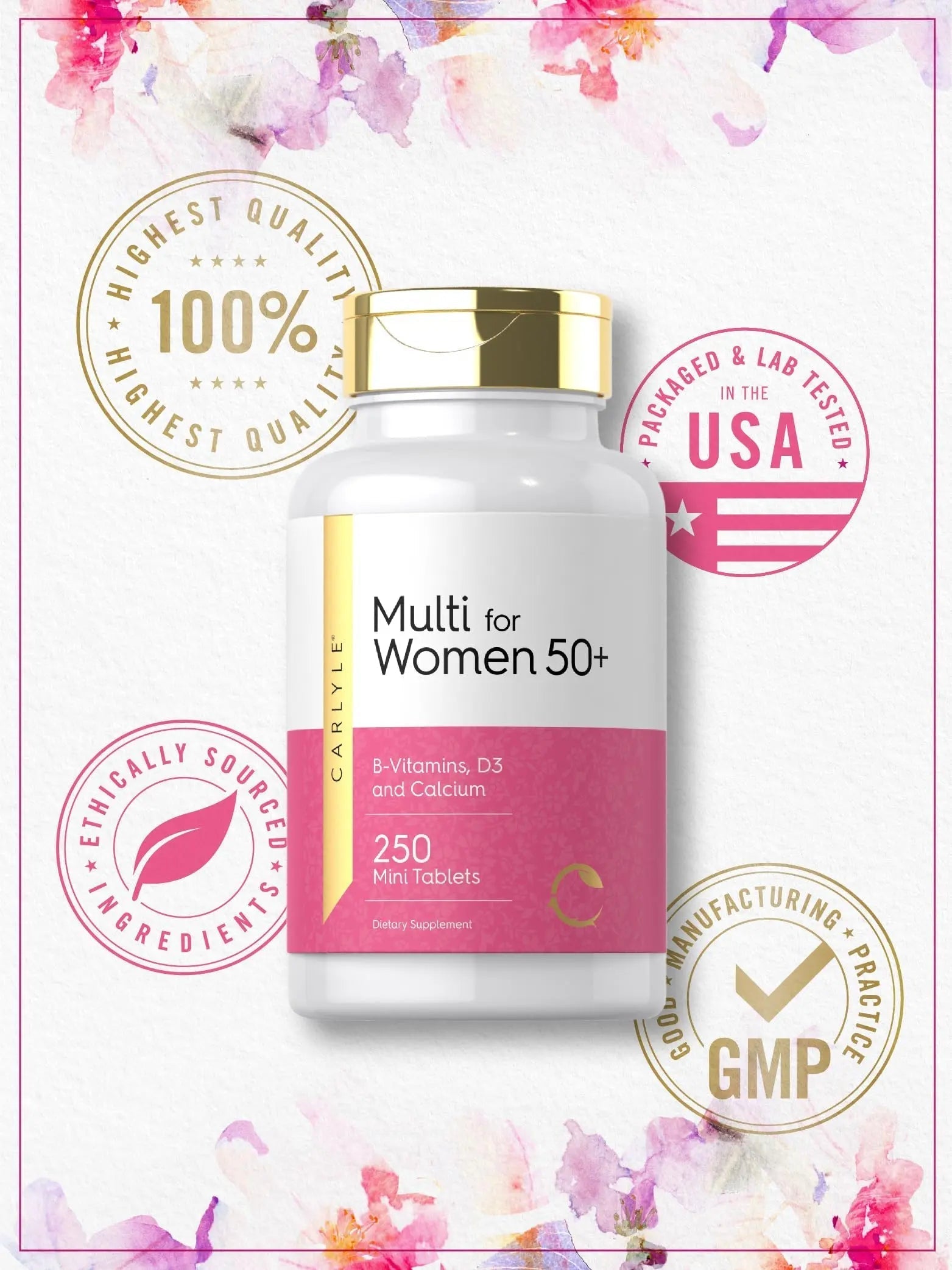 Carlyle Multivitamin for Women 50 Plus | 250 Mini Tablets | Iron Free Supplement | Vitamins A, B12, C, D3, Folate (as Folic Acid) and Calcium | Carlyle buy supplements canada