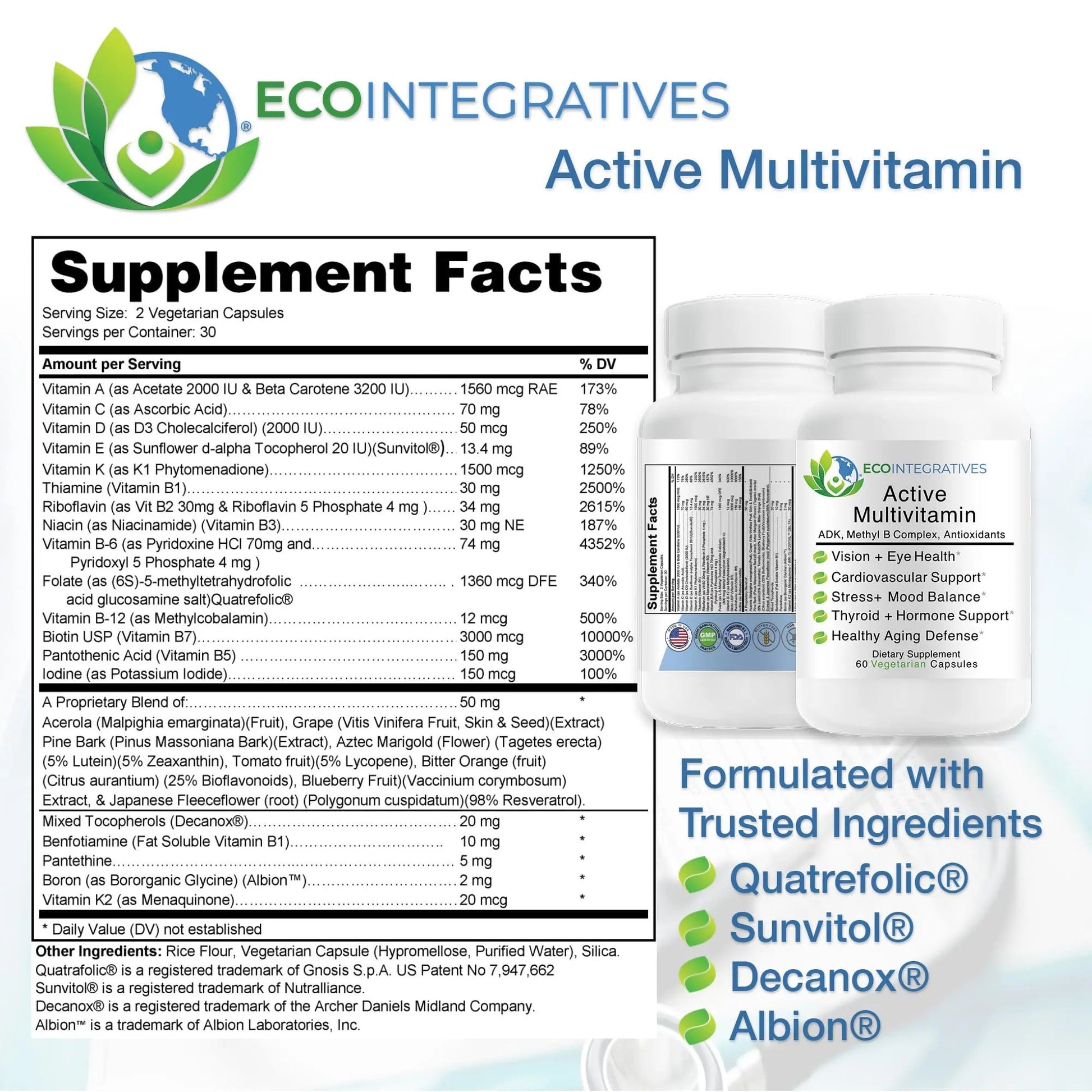 EcoIntegratives Active Multivitamin | ADK, Methyl B Complex, Antioxidants | Quatrefolic Folate, Methyl B12, P5P, Vitamin D3, K1/K2 | EcoIntegratives buy supplements canada