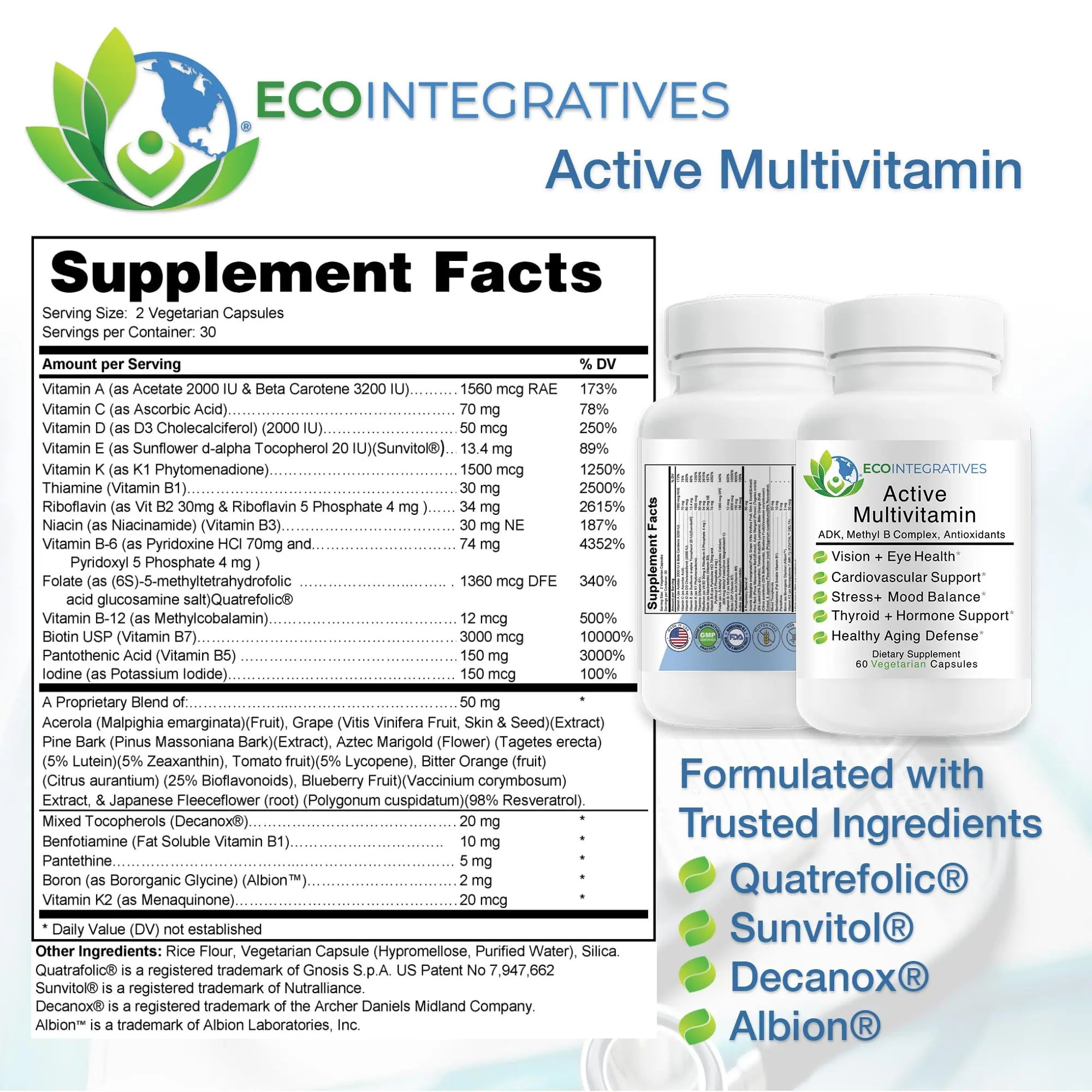 EcoIntegratives Active Multivitamin | ADK, Methyl B Complex, Antioxidants | Quatrefolic Folate, Methyl B12, P5P, Vitamin D3, K1/K2 | EcoIntegratives buy supplements canada