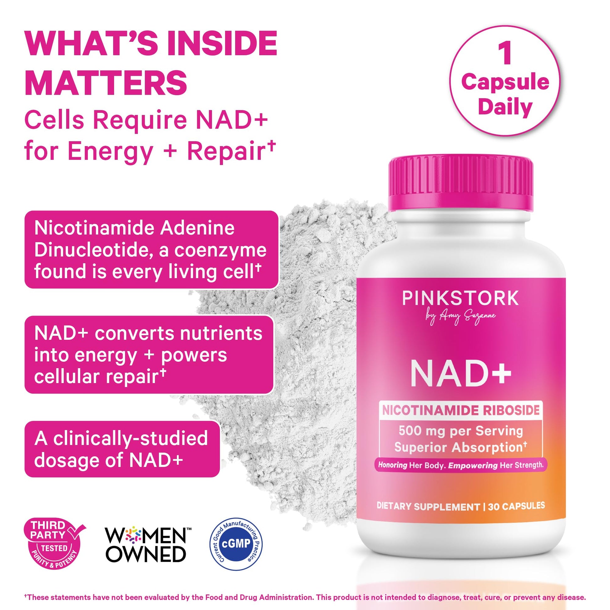 Pink Stork NAD+ Supplement for Women | 500mg Nicotinamide Riboside NR | Clinically-Studied Pure NMN Powder | Brain + Cognitive Support |Energy, Skin Essentials Over 30 | 1 Month Supply Pink Stork buy supplements canada