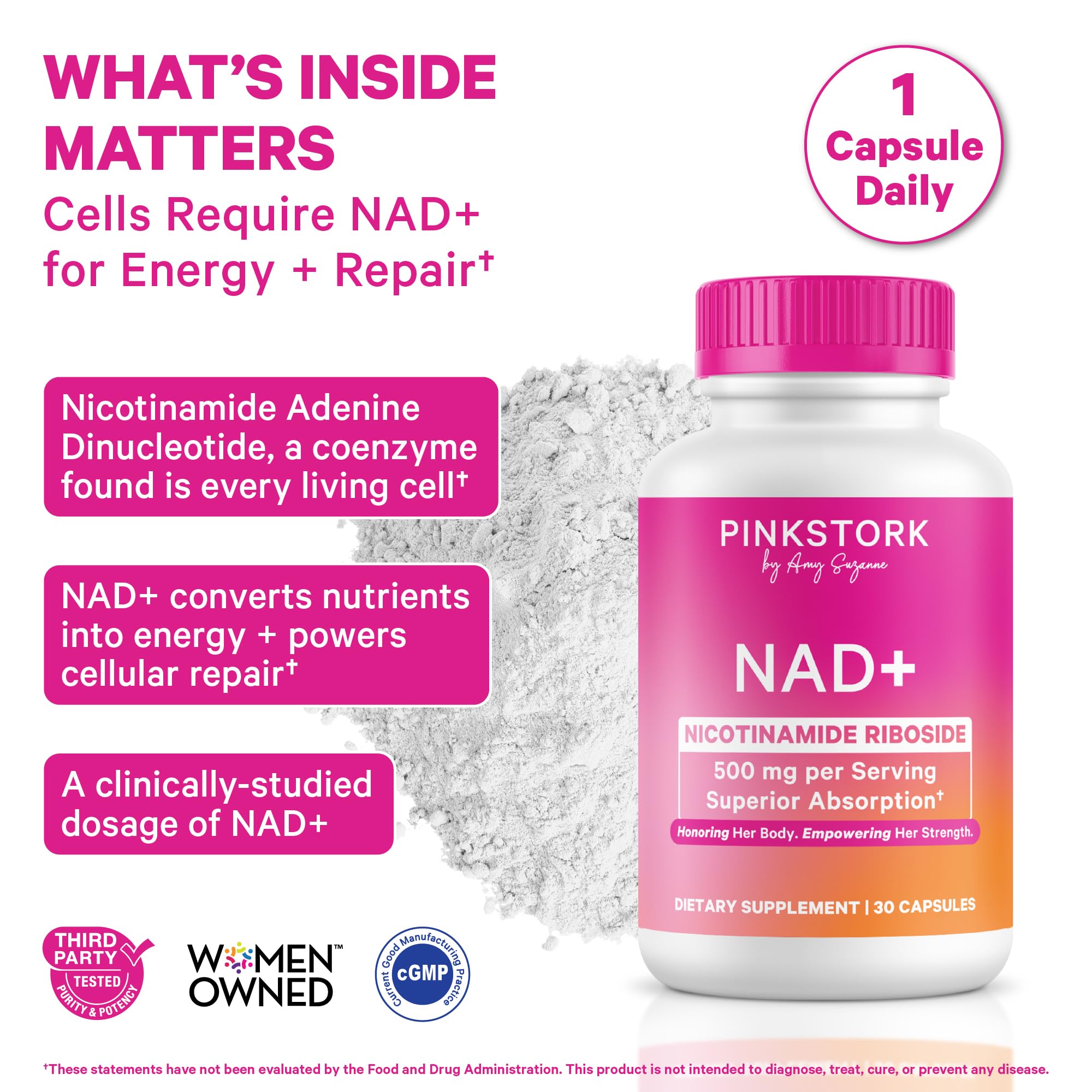 Pink Stork NAD+ Supplement for Women | 500mg Nicotinamide Riboside NR | Clinically-Studied Pure NMN Powder | Brain + Cognitive Support |Energy, Skin Essentials Over 30 | 1 Month Supply Pink Stork buy supplements canada