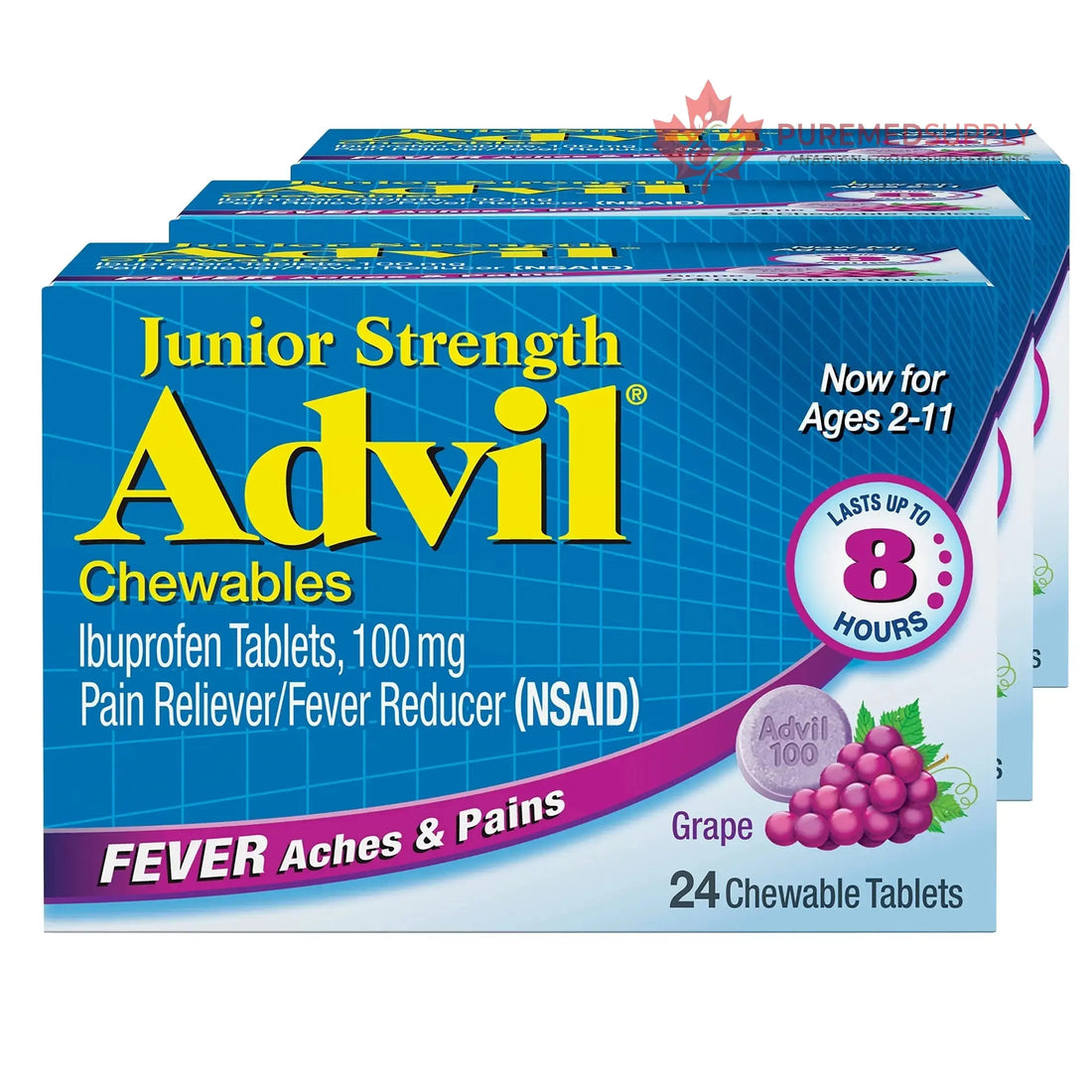 Advil Junior Strength Chewable Ibuprofen Pain Reliever and Fever Reducer, Children's Ibuprofen for Pain Relief, Grape - 24 Tablets (Pack of 3) Advil buy supplements canada
