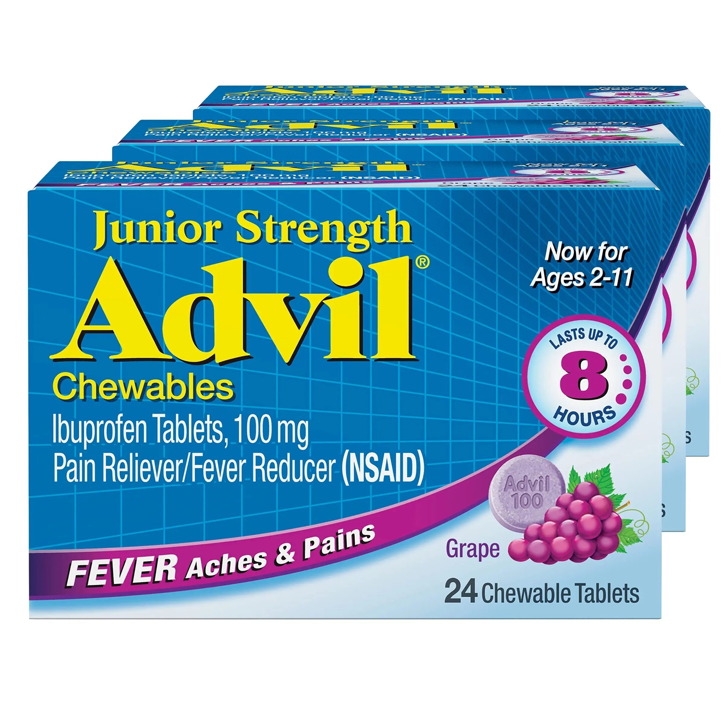 Advil Junior Strength Chewable Ibuprofen Pain Reliever and Fever Reducer, Children's Ibuprofen for Pain Relief, Grape - 24 Tablets (Pack of 3) Advil buy supplements canada