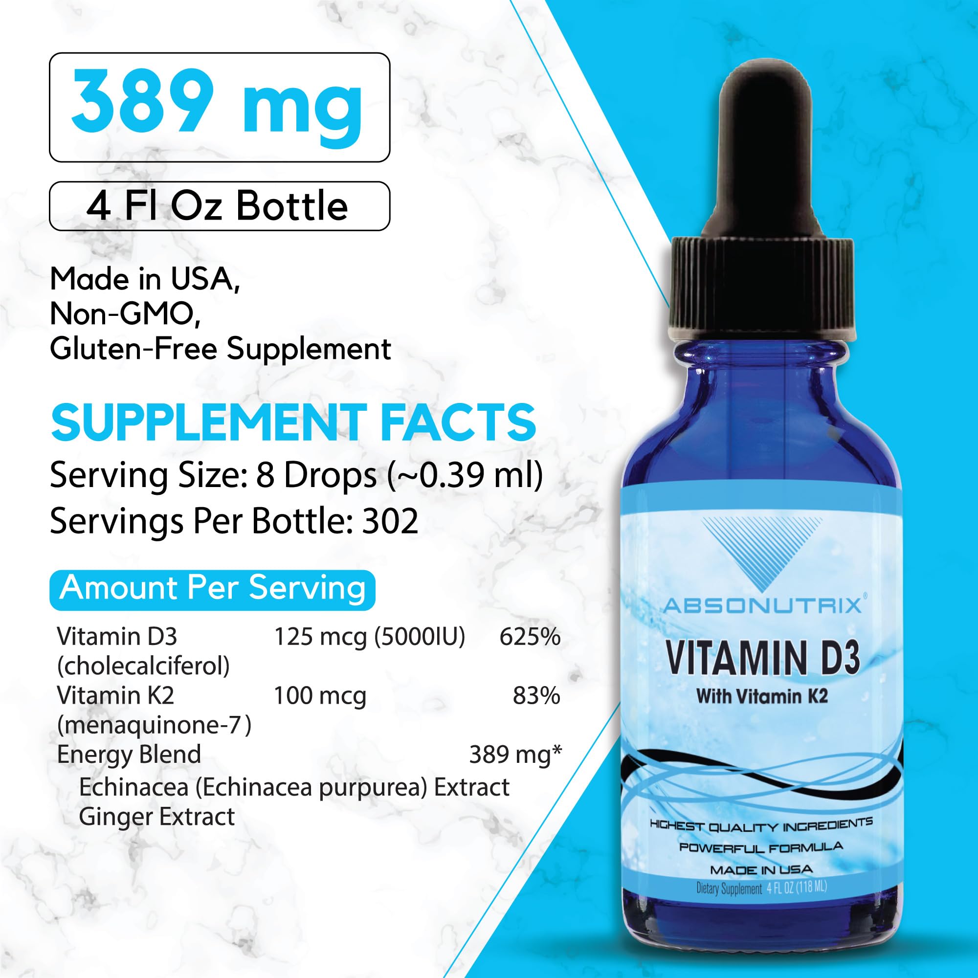 Absonutrix Vitamin D3 K2 Drops, 390mg, 4 Oz Liquid, 302 Servings, Made in USA, Quick Absorption, Quality Potent Ingredients, Non-GMO, GMP Certified, Cruelty-Free Products, Bone Strength Supplements Absonutrix buy supplements canada