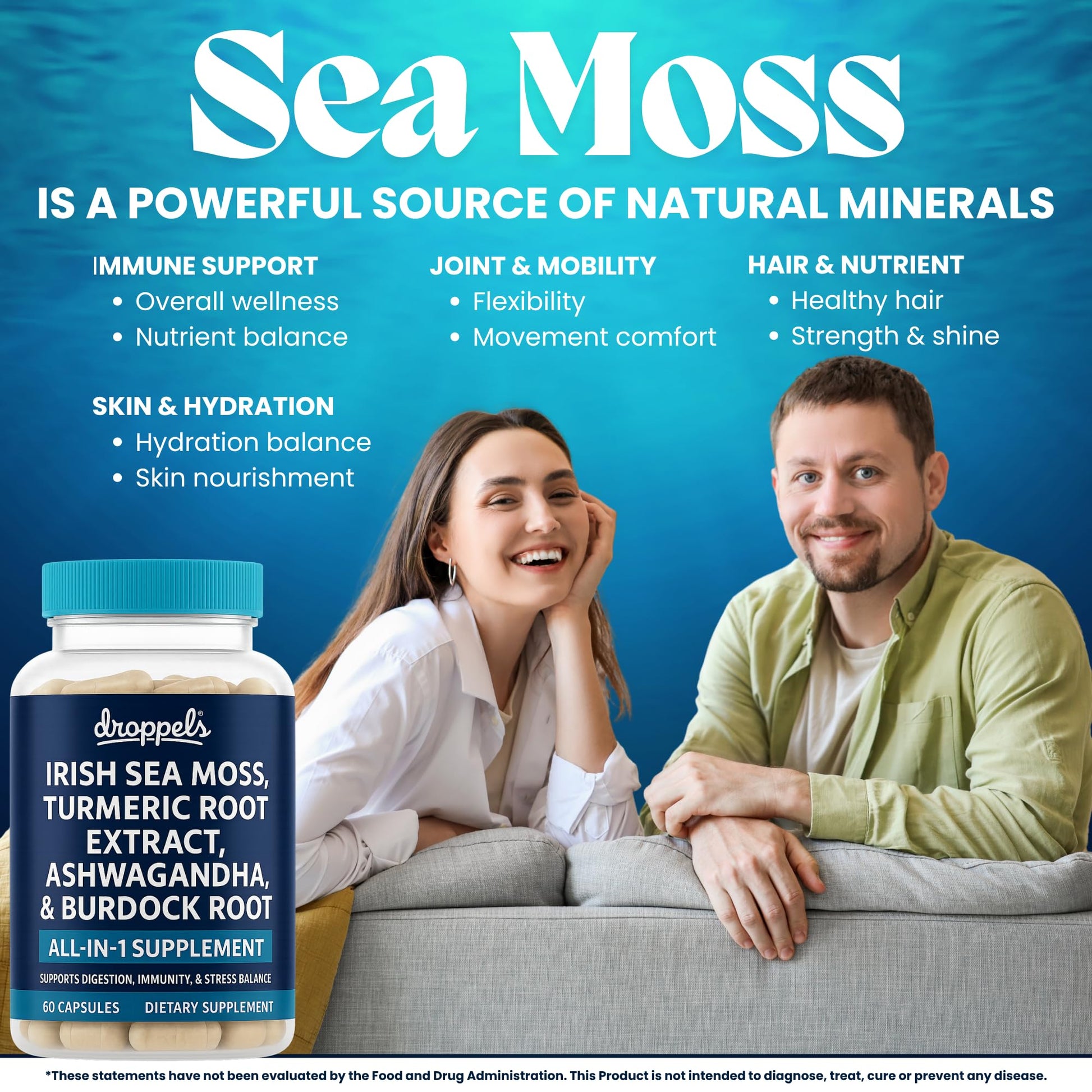 Droppels Irish Sea Moss Capsules with Turmeric Root, Ashwagandha, Black Pepper & Burdock Root – Natural Mineral Blend for Immune, Digestion, Joint & Energy Support – Vegan, Non-GMO – 60 Capsules Droppels buy supplements canada