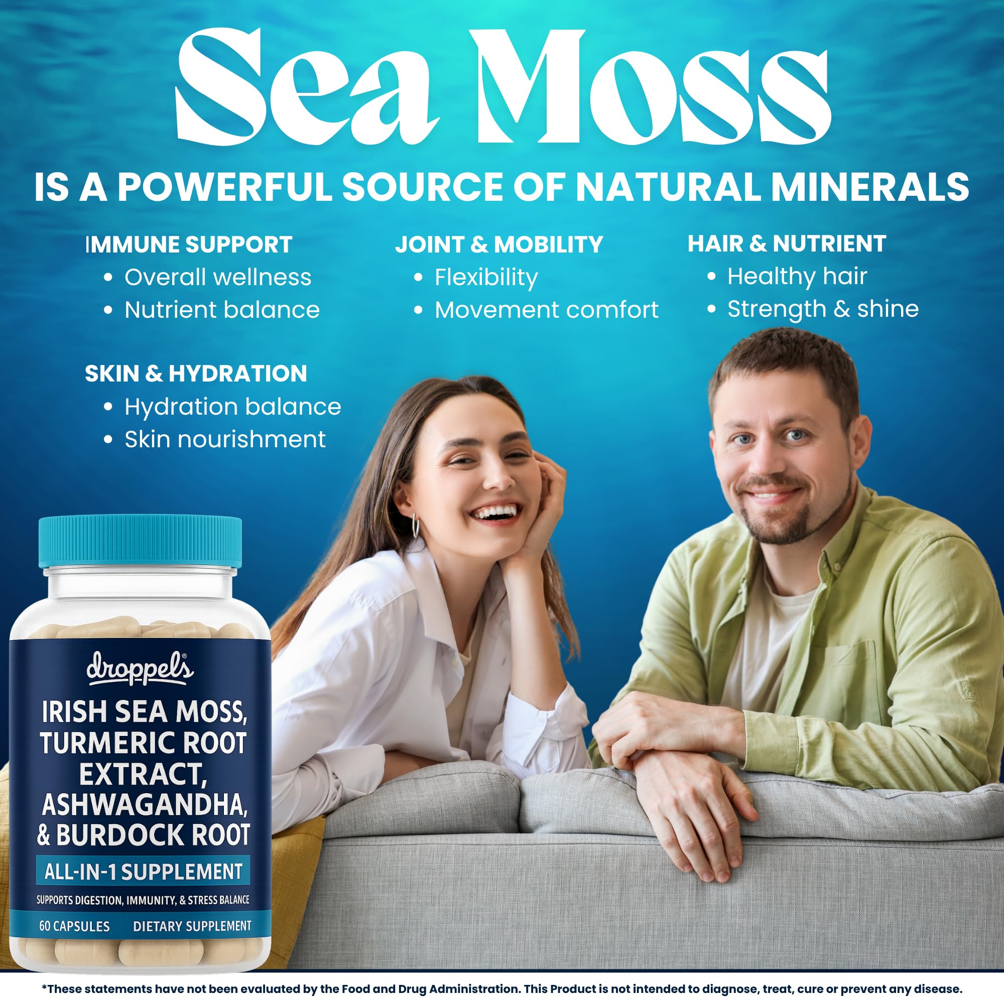 Droppels Irish Sea Moss Capsules with Turmeric Root, Ashwagandha, Black Pepper & Burdock Root – Natural Mineral Blend for Immune, Digestion, Joint & Energy Support – Vegan, Non-GMO – 60 Capsules Droppels buy supplements canada