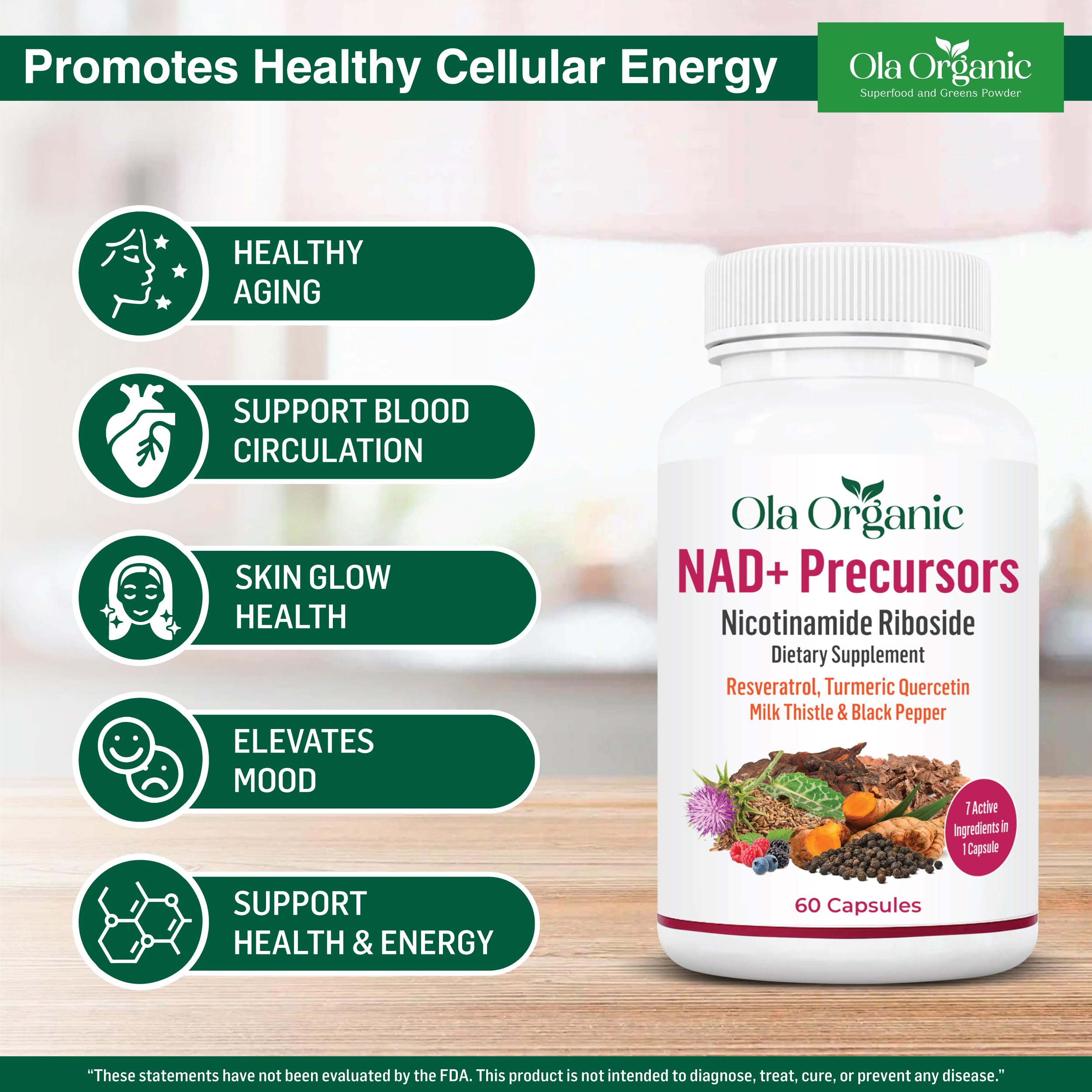 NAD+ Supplement & NAD Booster for Cellular Energy and Healthy Aging – Plant-Based Nicotinamide Riboside (NR) NAD Precursor with Resveratrol, Turmeric, Quercetin, Rhodiola & Milk Thistle – 60 Capsules Ola Organic buy supplements canada
