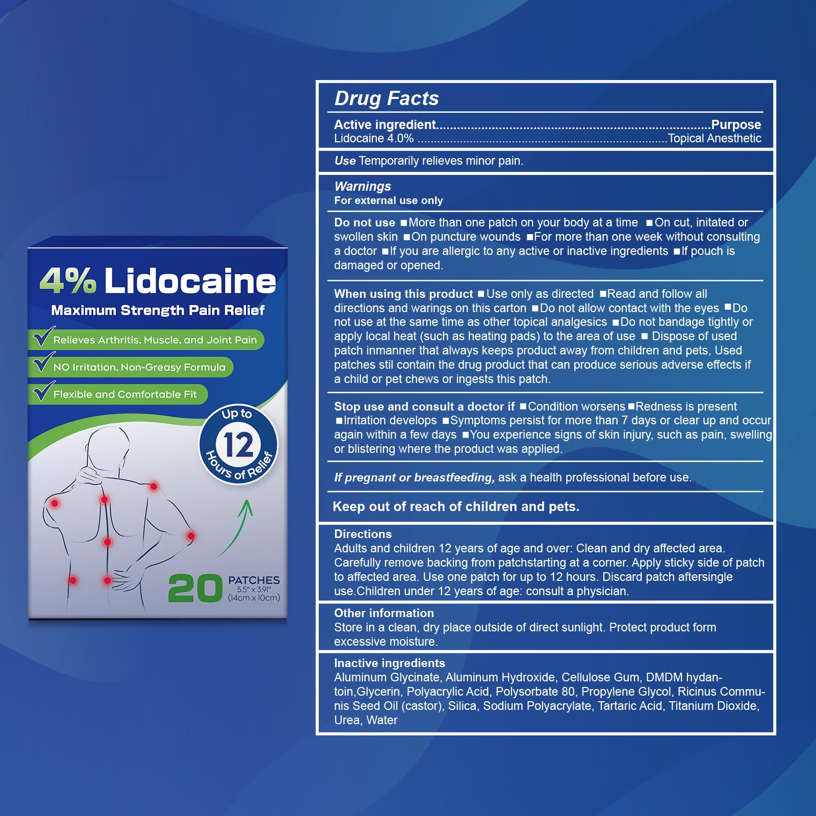 Uposiut 4% Lidocaine Patches - 20 Count Maximum Strength Lidocaine Patches, 10 Packs of 2 Patches for Muscle Pain Relief in The Neck, Shoulders, Back, Knees, and Anks, 12 Hour Pain Relief-012345 Uposiut buy supplements canada