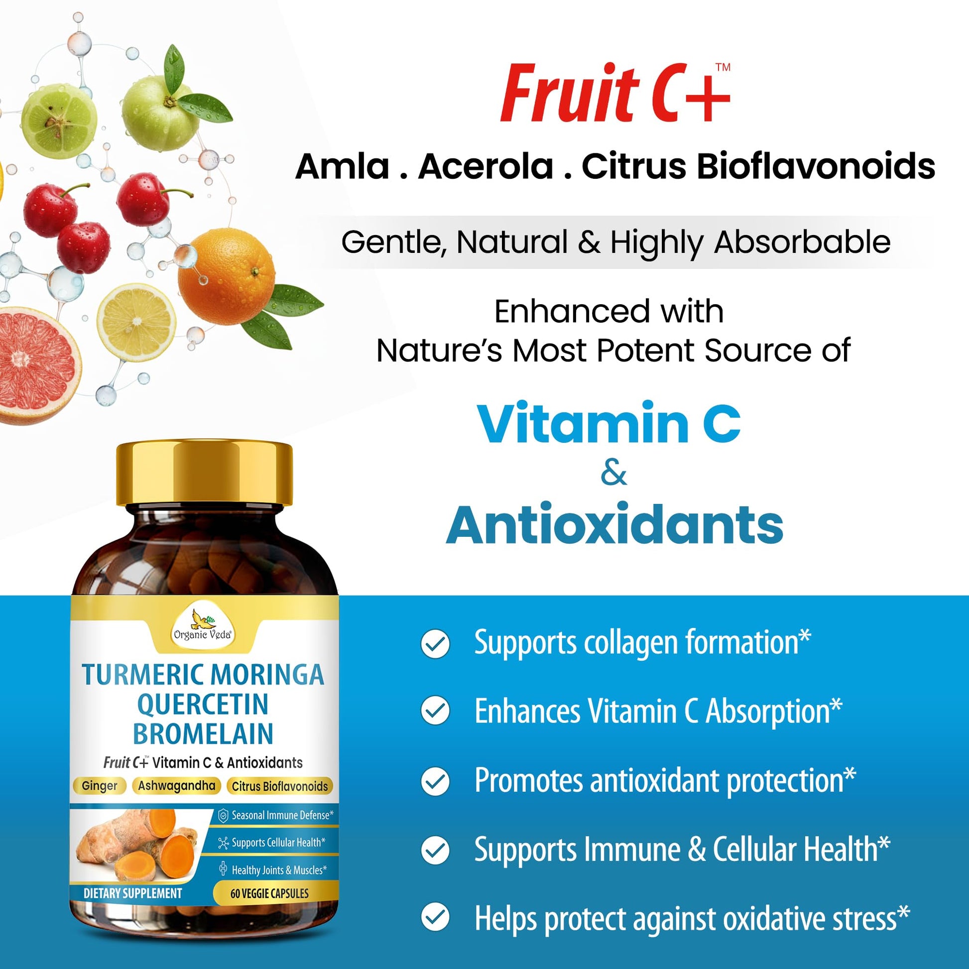 Organic Veda Turmeric Moringa Quercetin with Bromelain Capsules - Fruit C+ Vitamin C Antioxidants Immune System & Respiratory Supplement - Ashwagandha, Ginger, Citrus Bioflavonoids, 60 Vegan Capsule Organic Veda buy supplements canada