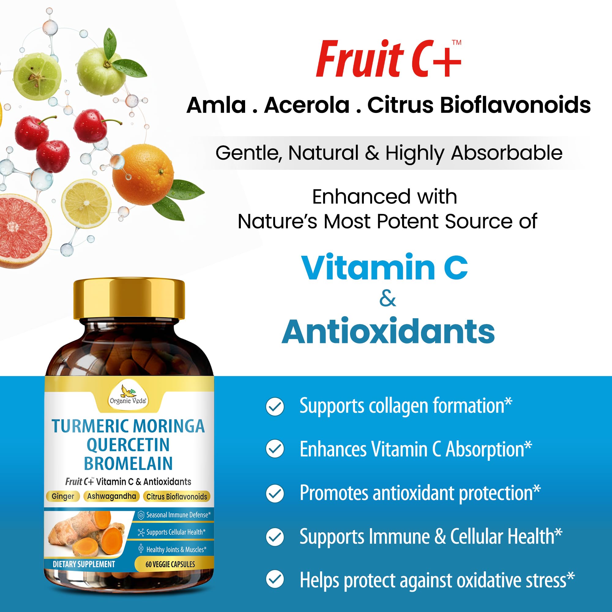 Organic Veda Turmeric Moringa Quercetin with Bromelain Capsules - Fruit C+ Vitamin C Antioxidants Immune System & Respiratory Supplement - Ashwagandha, Ginger, Citrus Bioflavonoids, 60 Vegan Capsule Organic Veda buy supplements canada