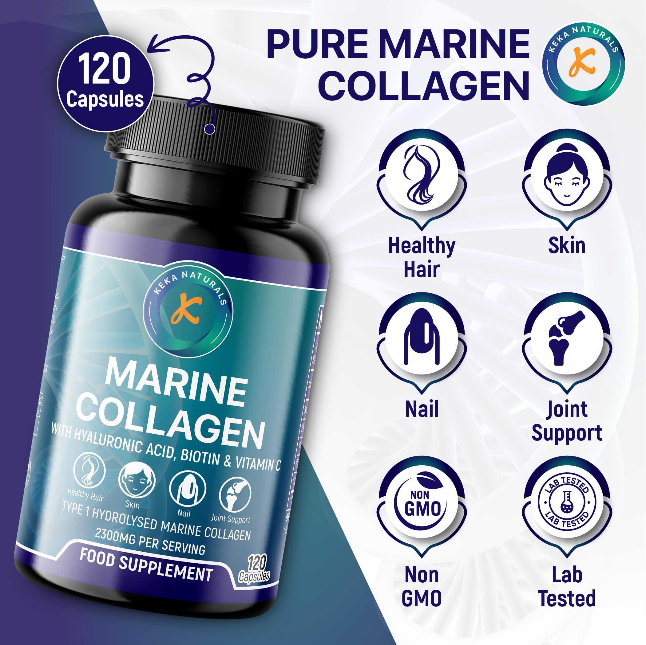 Hydrolysed Marine Collagen Peptides 2300mg - Enhanced with Hyaluronic Acid & Vitamin C Keka Naturals buy supplements canada