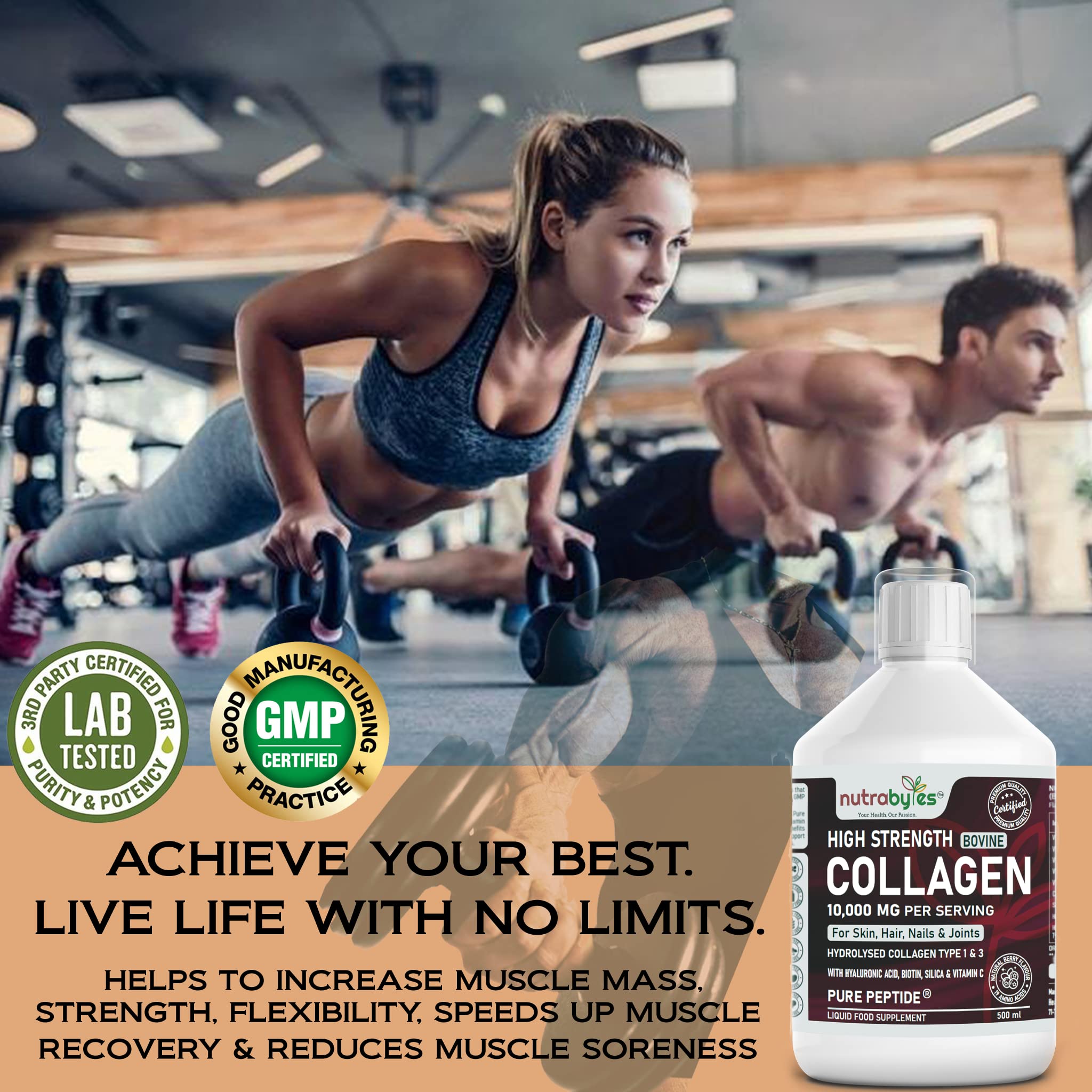 Collagen Liquid 10000mg, Hydrolysed Peptides | Hyaluronic Acid, Biotin, Silica, Vitamin C, Vitamin B12 NUTRABYTES buy supplements canada