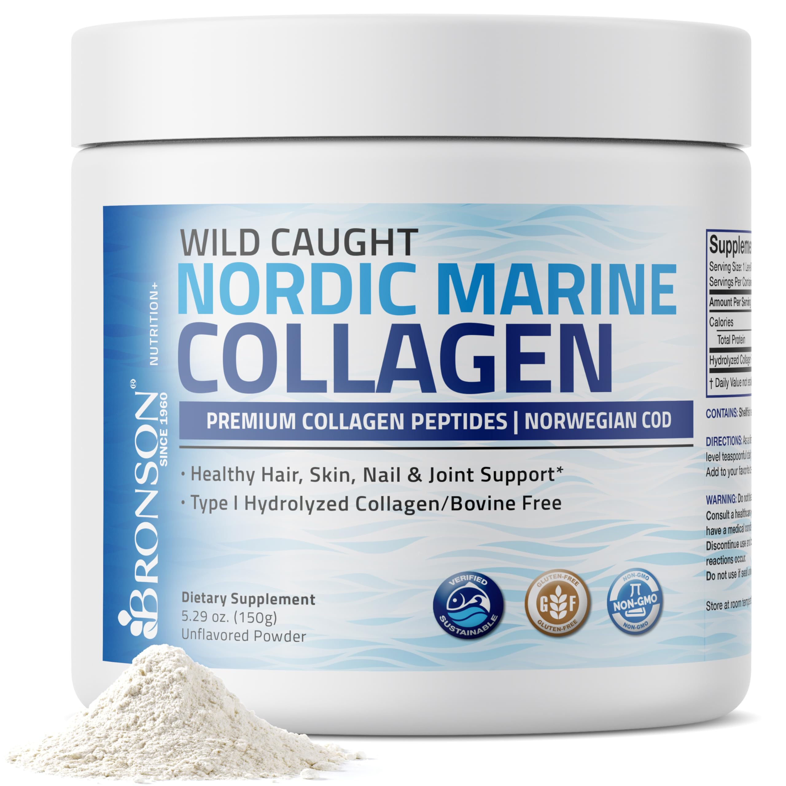 Bronson Marine Collagen Peptides Hydrolyzed Protein Powder 100% Wild Caught Nordic Cod Verified Sustainable Source for Joints Skin Hair Nails & Bones 150g (5.29oz) Bronson buy supplements canada
