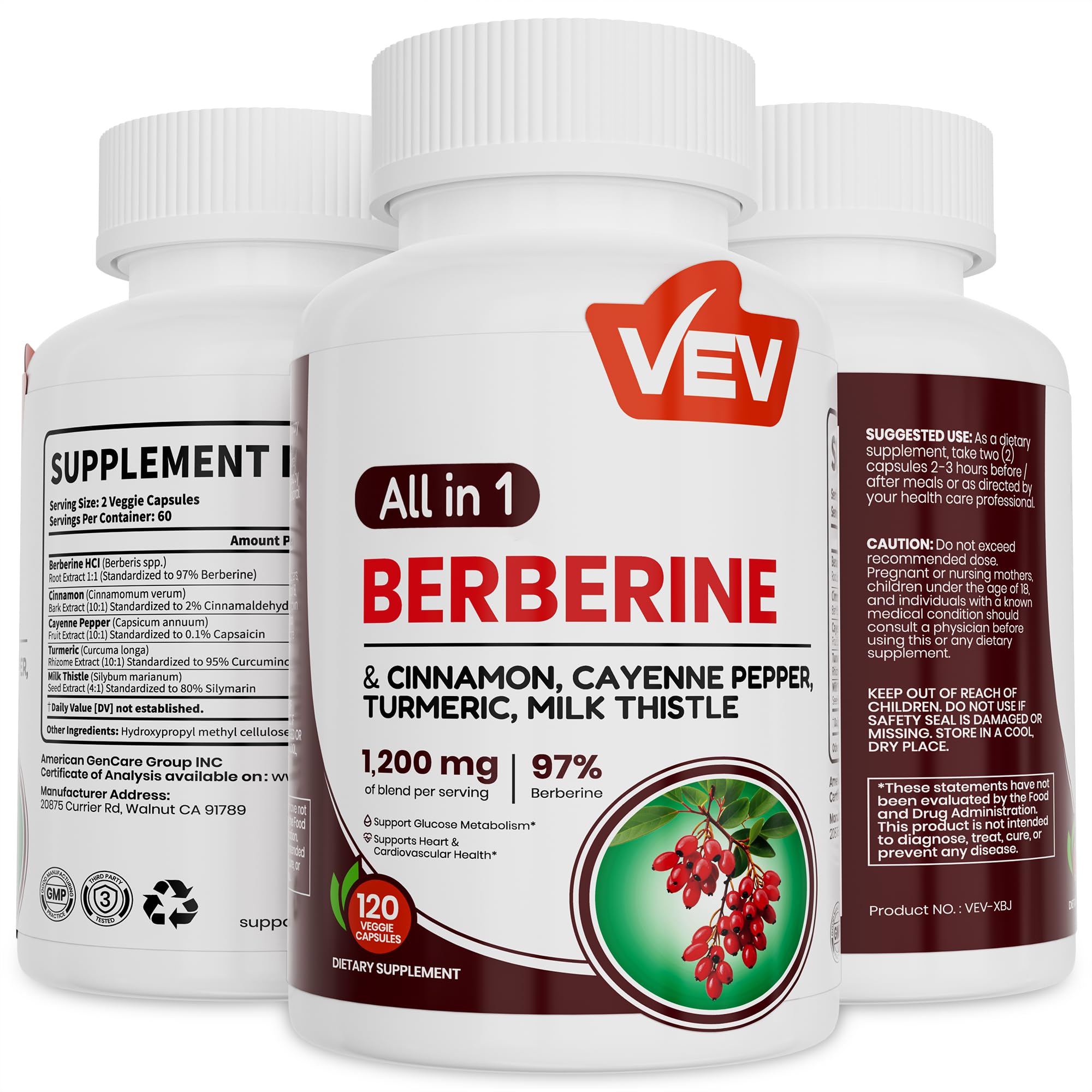 VEV Berberine Supplement with Ceylon Cinnamon, Cayenne Pepper, Turmeric, Milk Thistle, Vegan & Non-GMO – 120 Capsules VEV buy supplements canada