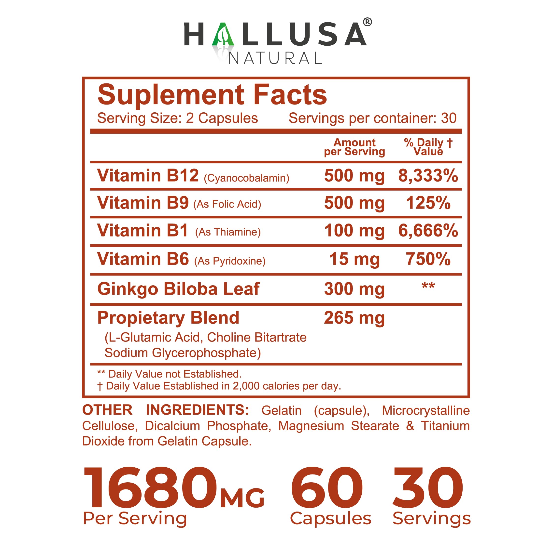 Hallusa Natural Brain Health Supplement Capsules 1680mg, Ginkgo Biloba, B Vitamins & Choline, Memory & Focus Support, Brain Booster for Men & Women, 60 Count Hallusa Natural buy supplements canada