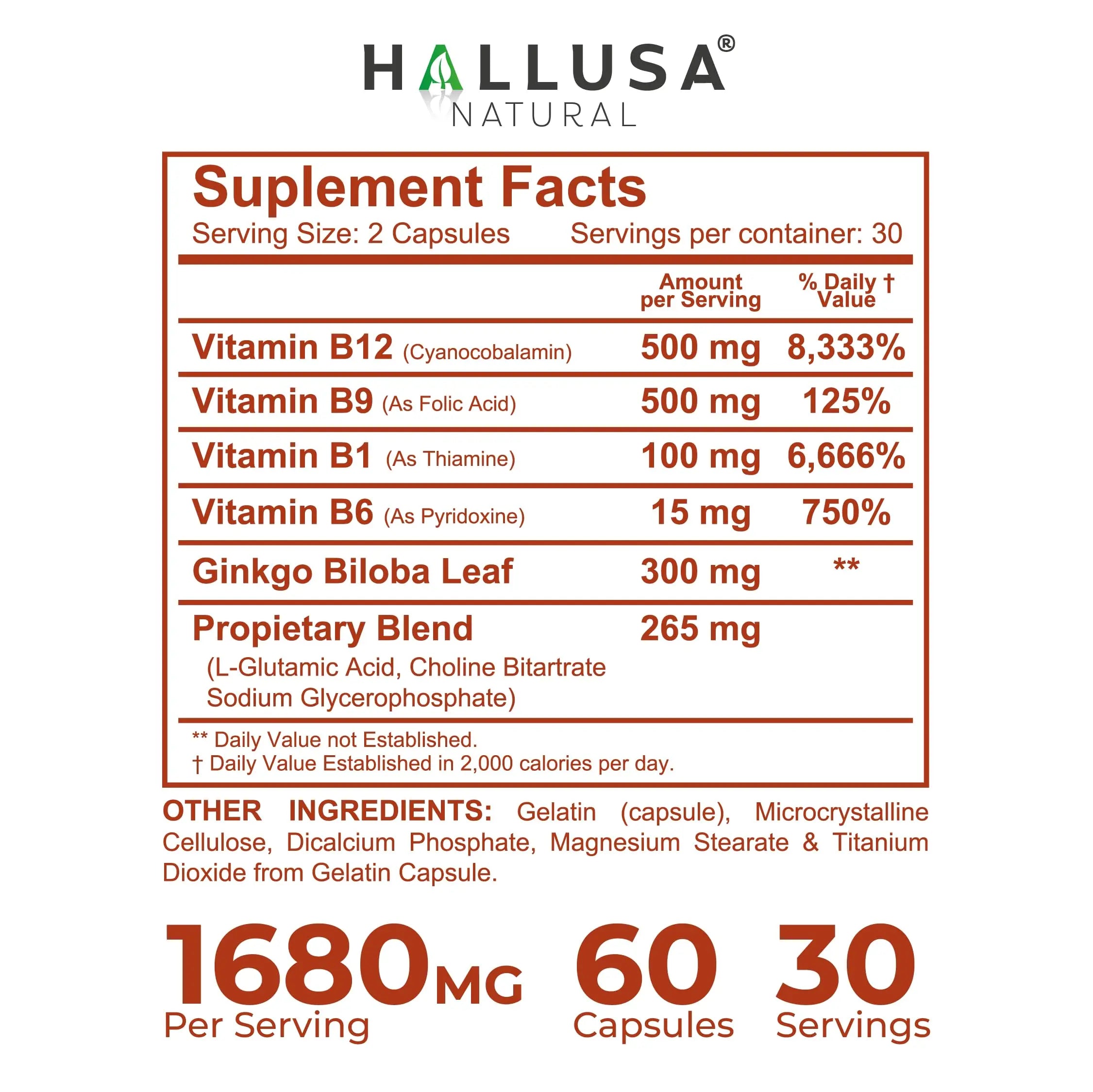 Hallusa Natural Brain Health Supplement Capsules 1680mg, Ginkgo Biloba, B Vitamins & Choline, Memory & Focus Support, Brain Booster for Men & Women, 60 Count Hallusa Natural buy supplements canada