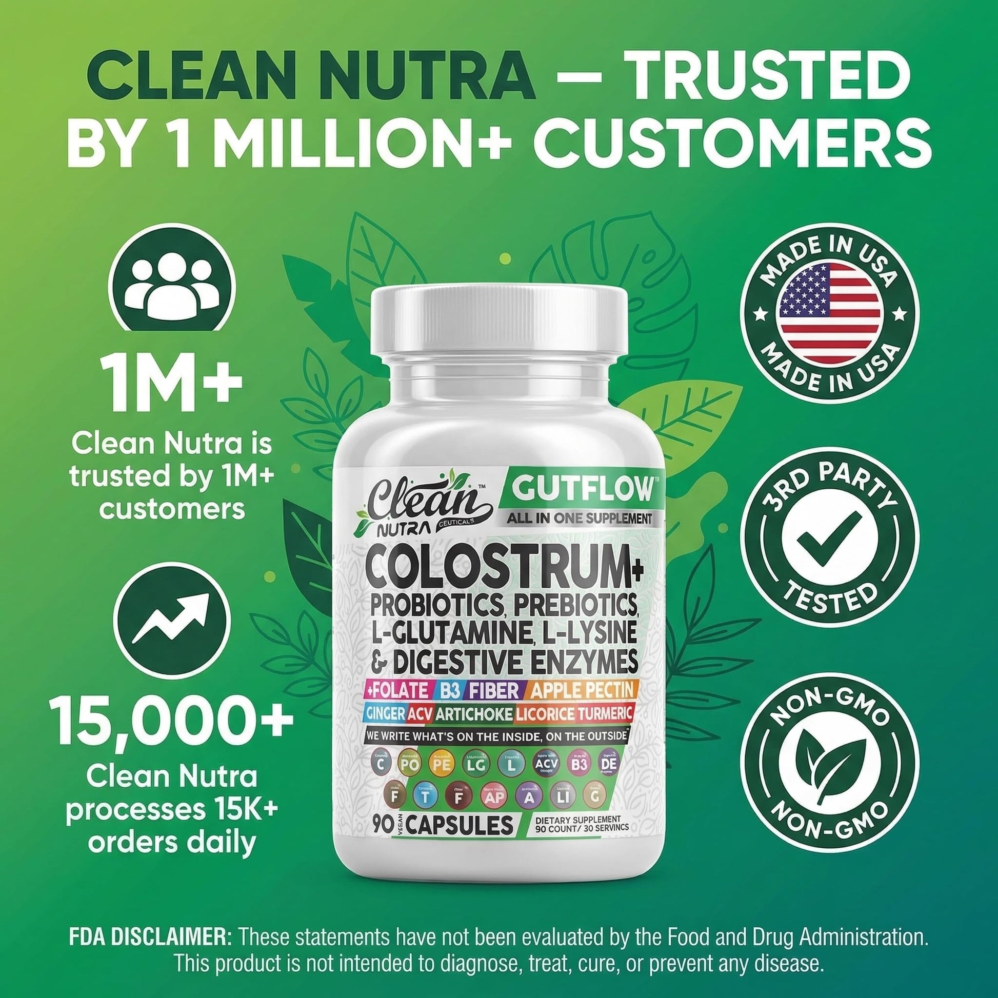 Clean Nutraceuticals Colostrum Supplement Capsules Probiotics Pills Prebiotics, L-Glutamine, Digestive Enzymes, Folate, Fiber, ACV, Turmeric, Apple Pectin and Turmeric Pills Clean Nutraceuticals buy supplements canada