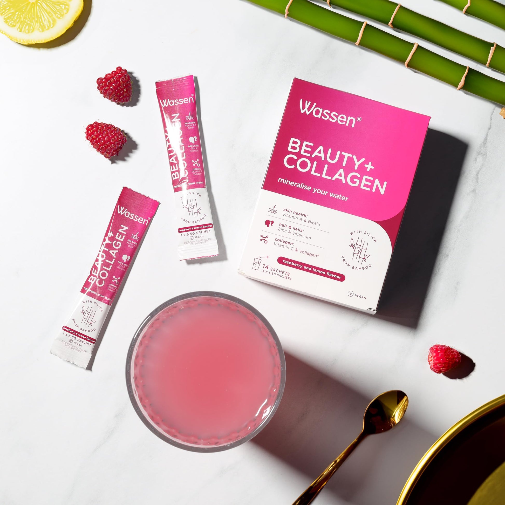 Wassen Beauty and Collagen - Plant-Based Vegan Collagen - 14 Raspberry & Lemon Flavoured Sachets Wassen buy supplements canada