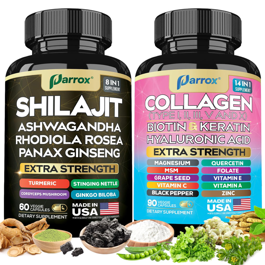 Parrox Adaptogen & Beauty Bundle – Rhodiola, Panax Ginseng, Ashwagandha, Cordyceps, Turmeric, Collagen, Biotin, Keratin, MSM, Hyaluronic Acid, Zinc, Quercetin, Vitamin C, A & E, Folate, Magnesium Parrox buy supplements canada