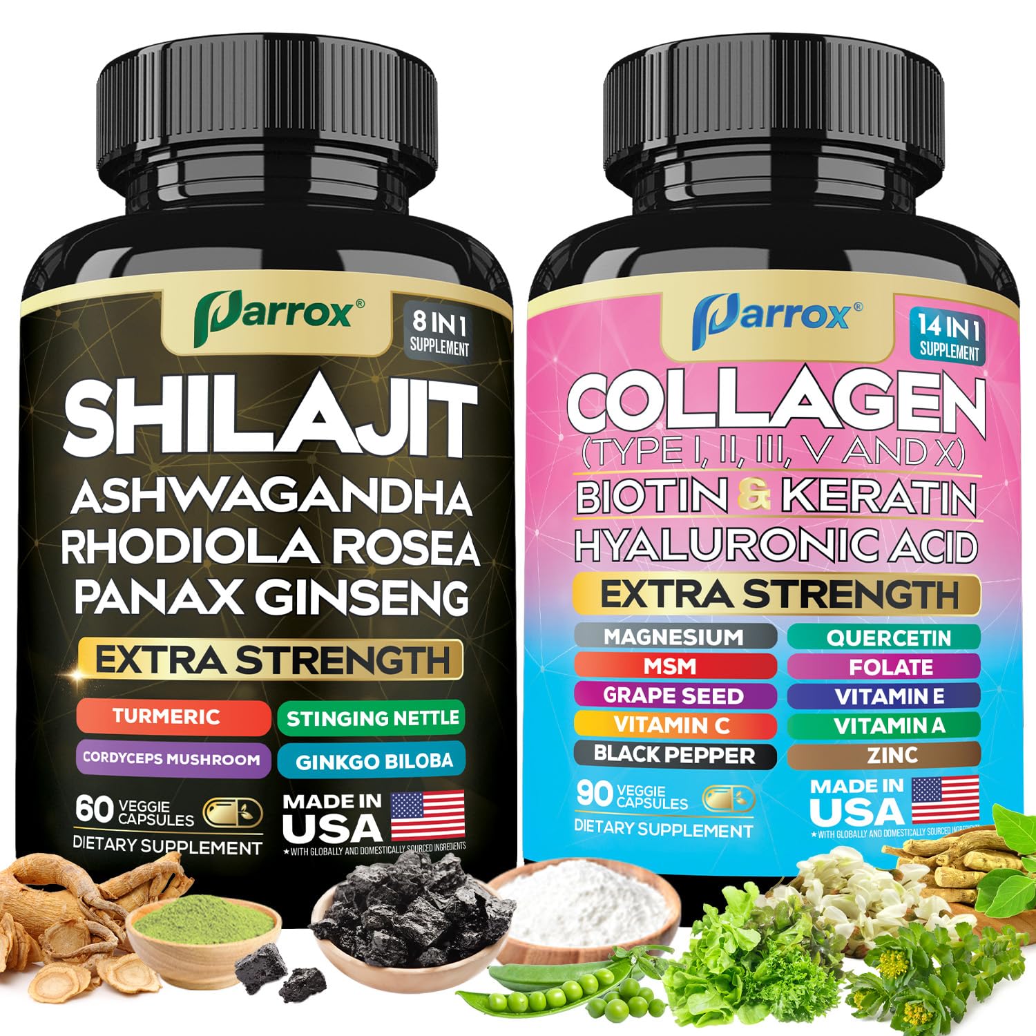 Parrox Adaptogen & Beauty Bundle – Rhodiola, Panax Ginseng, Ashwagandha, Cordyceps, Turmeric, Collagen, Biotin, Keratin, MSM, Hyaluronic Acid, Zinc, Quercetin, Vitamin C, A & E, Folate, Magnesium Parrox buy supplements canada
