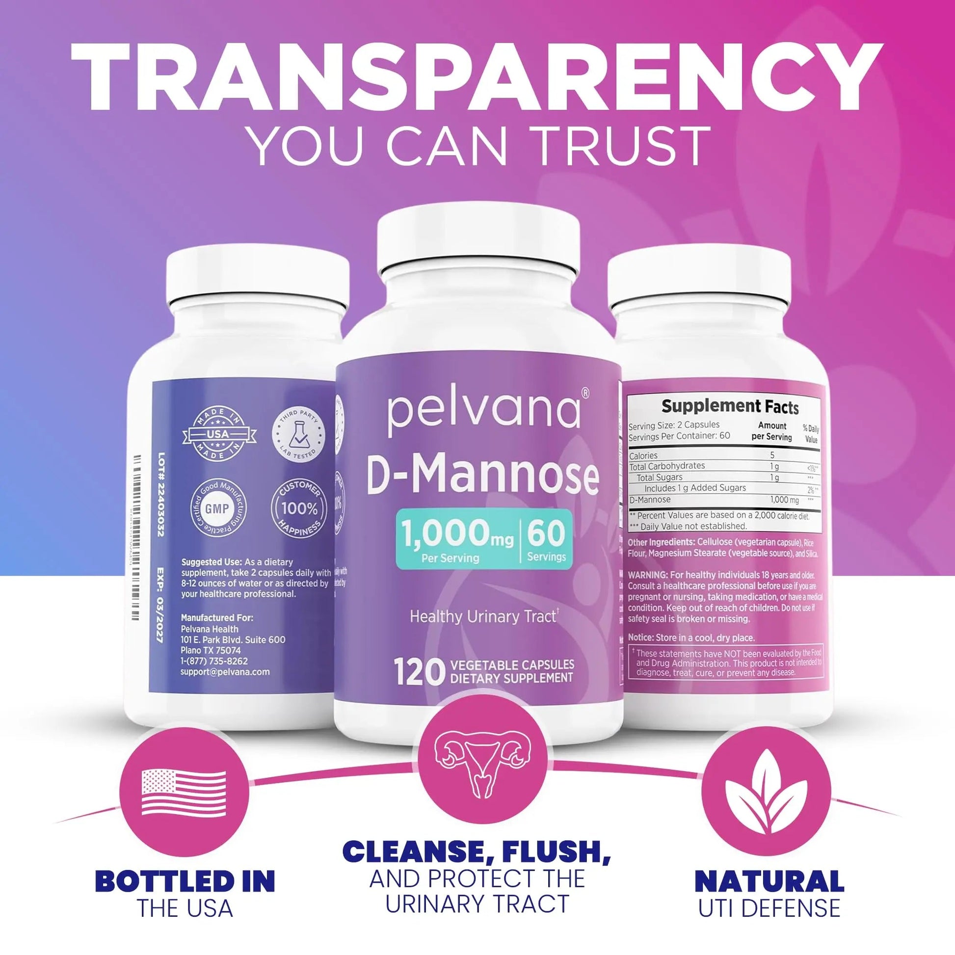 Pelvana D-Mannose UTI Kit for Women – UTI Test Strips & D-Mannose Supplement, At-Home Testing, Maintains Healthy Urinary Tract Balance, Flushes Impurities – 3 Bottles (120 Capsules) + 50 Test Strips Pelvana buy supplements canada