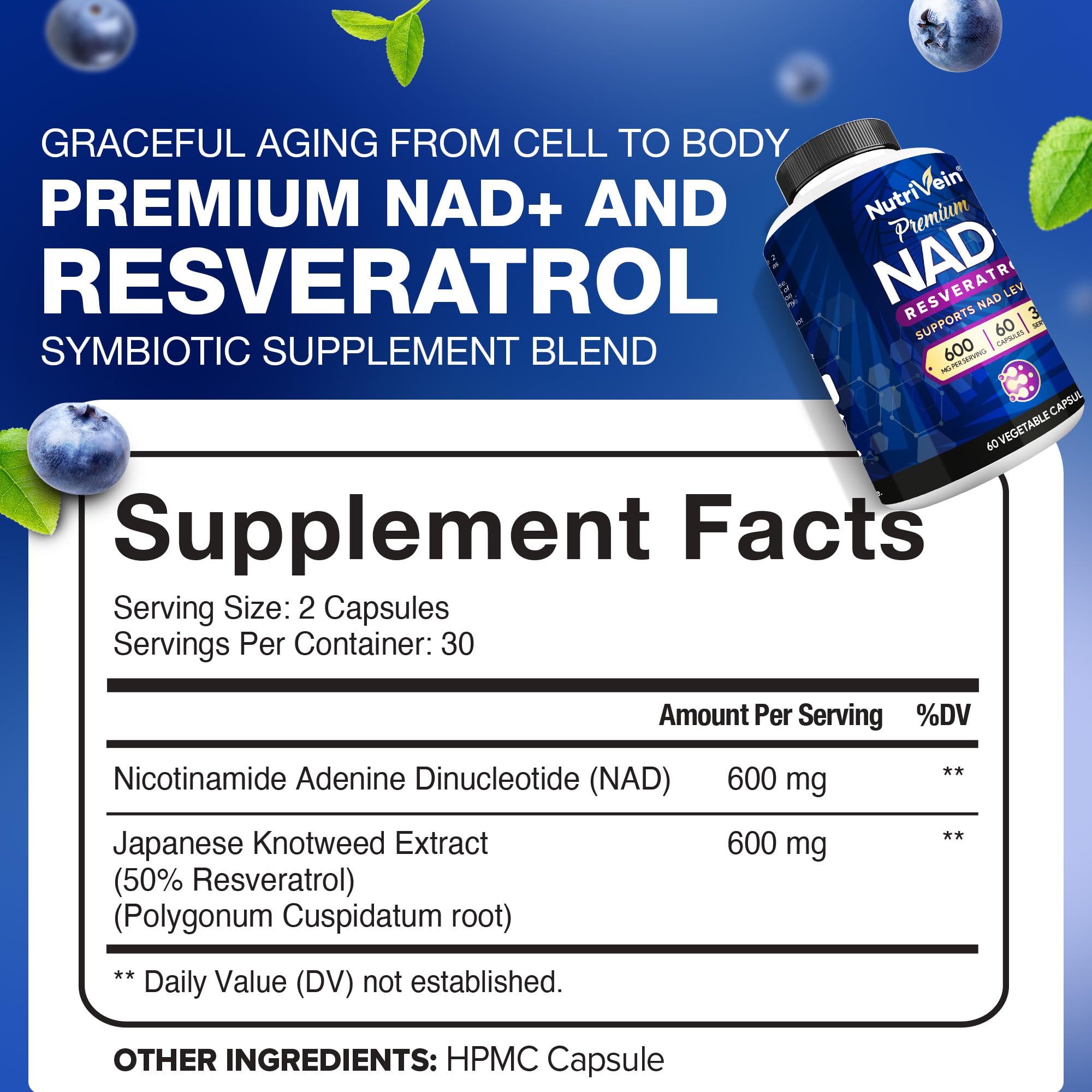 Nutrivein Premium NAD + Resveratrol Supplement 600 mg - 30 Servings (60 Capsules): Powerful Synergistic NAD Resveratrol Supplement - Aging, Cognition, Metabolism, & Overall Well-Being Nutrivein buy supplements canada