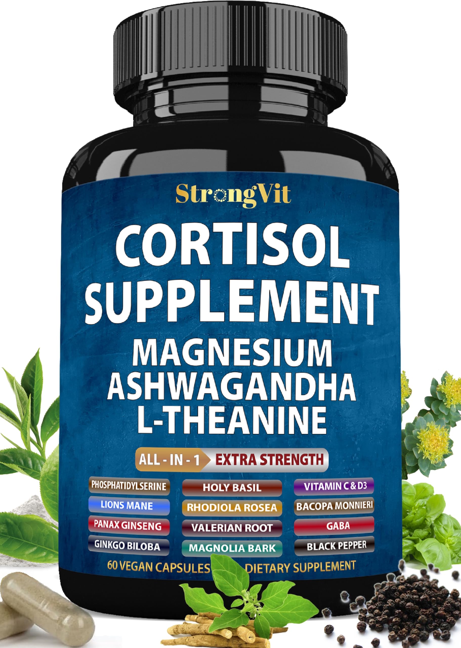 StrongVit Cortisol Supplements for Women and Men with Magnesium, Ashwagandha & L-Theanine. High Cortisol Reducer, Manager, Detox, Lower and Control. Sleep Support & Stress Relief, USA StrongVit buy supplements canada