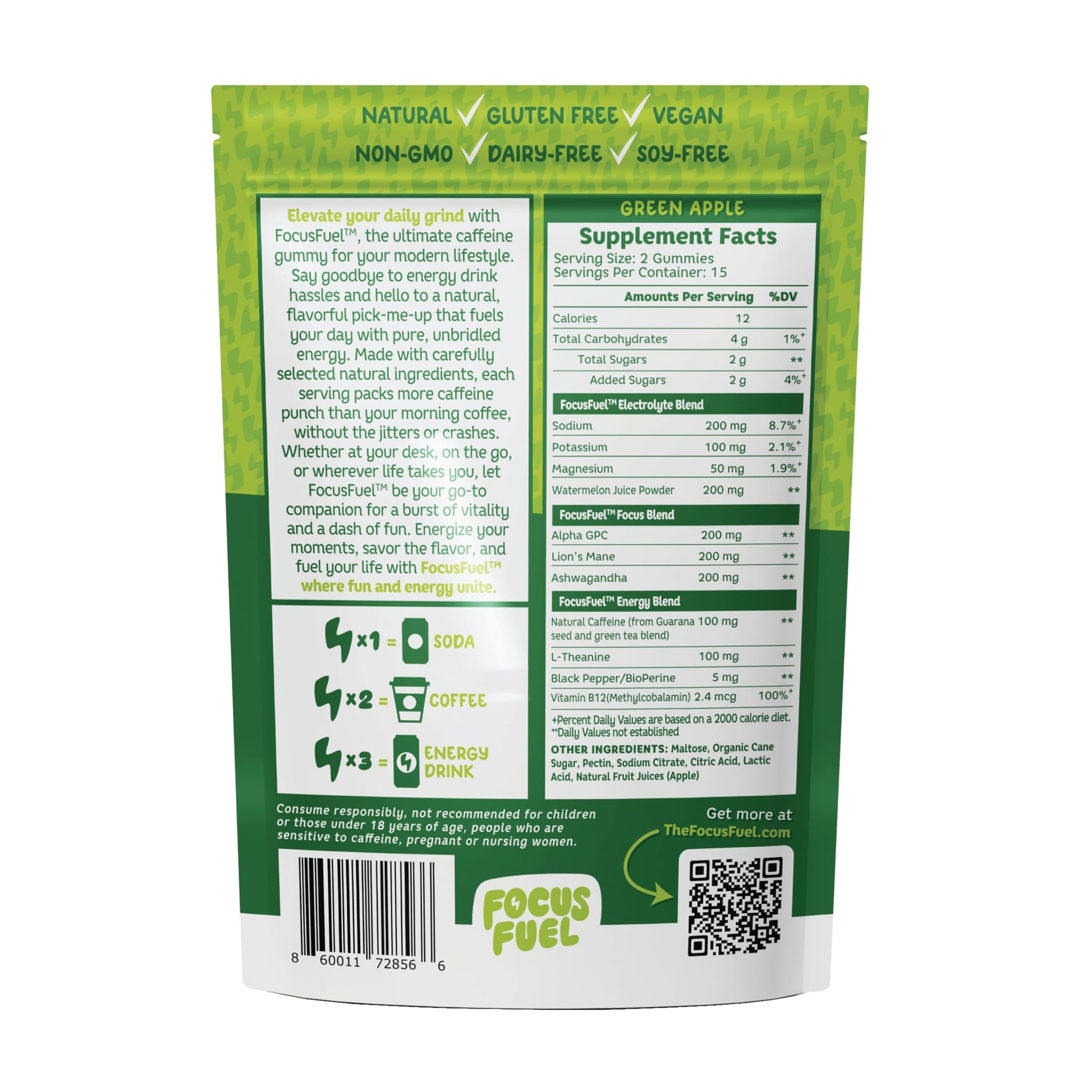 FocusFuel Energy Chews – Green Apple Flavor (15 Servings) – 100mg Caffeine + B12, Magnesium, Alpha GPC – Boost Focus & Energy – No Crash or Jitters FocusFuel buy supplements canada