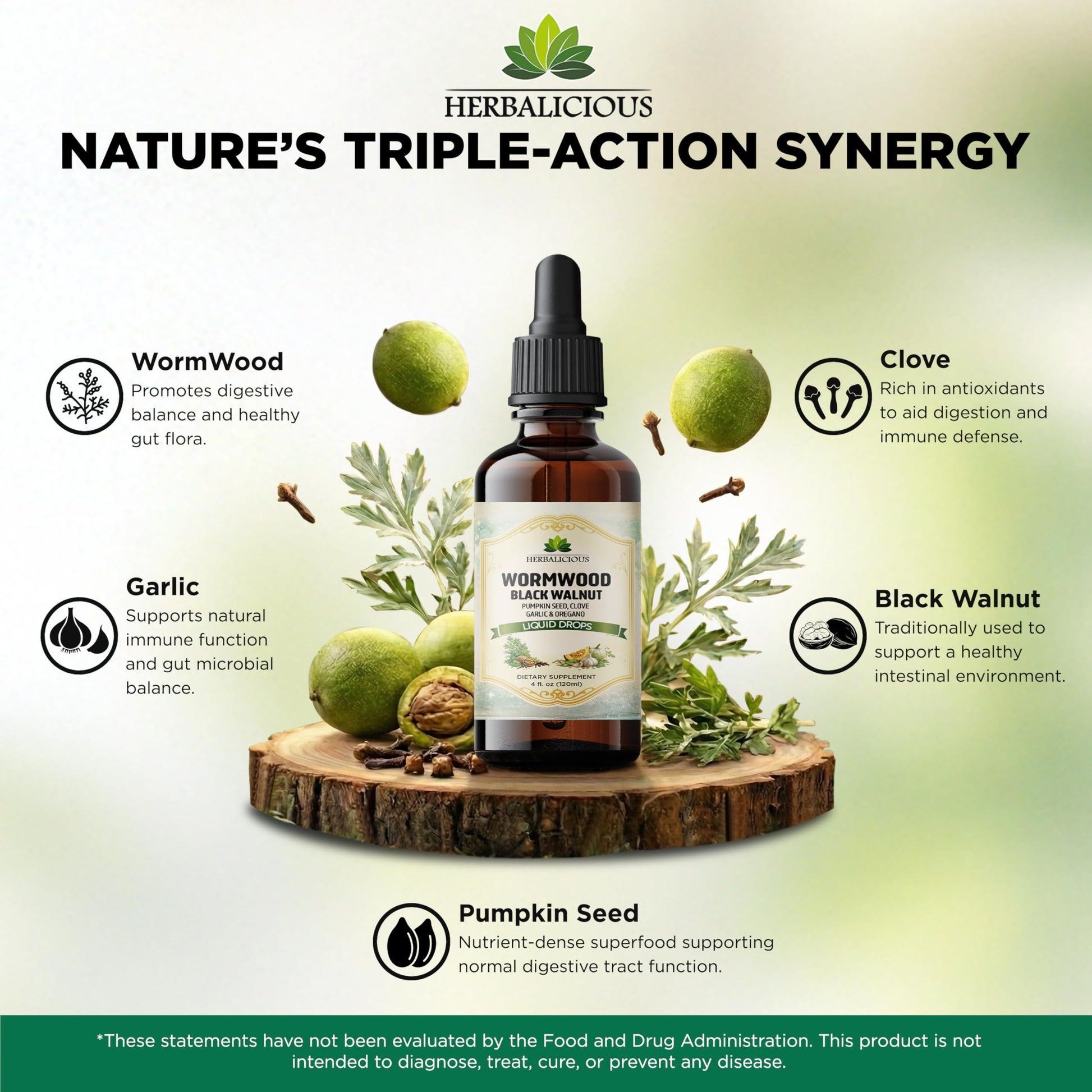 HEBRALICIOUS Wormwood Black Walnut Liquid Drops – Herbal Blend with Pumpkin Seed, Clove, Garlic & Oregano Oil – Alcohol Free Herbal Tincture – Liquid Dietary Supplement, 4 fl oz (120ml) HERBALICIOUS buy supplements canada
