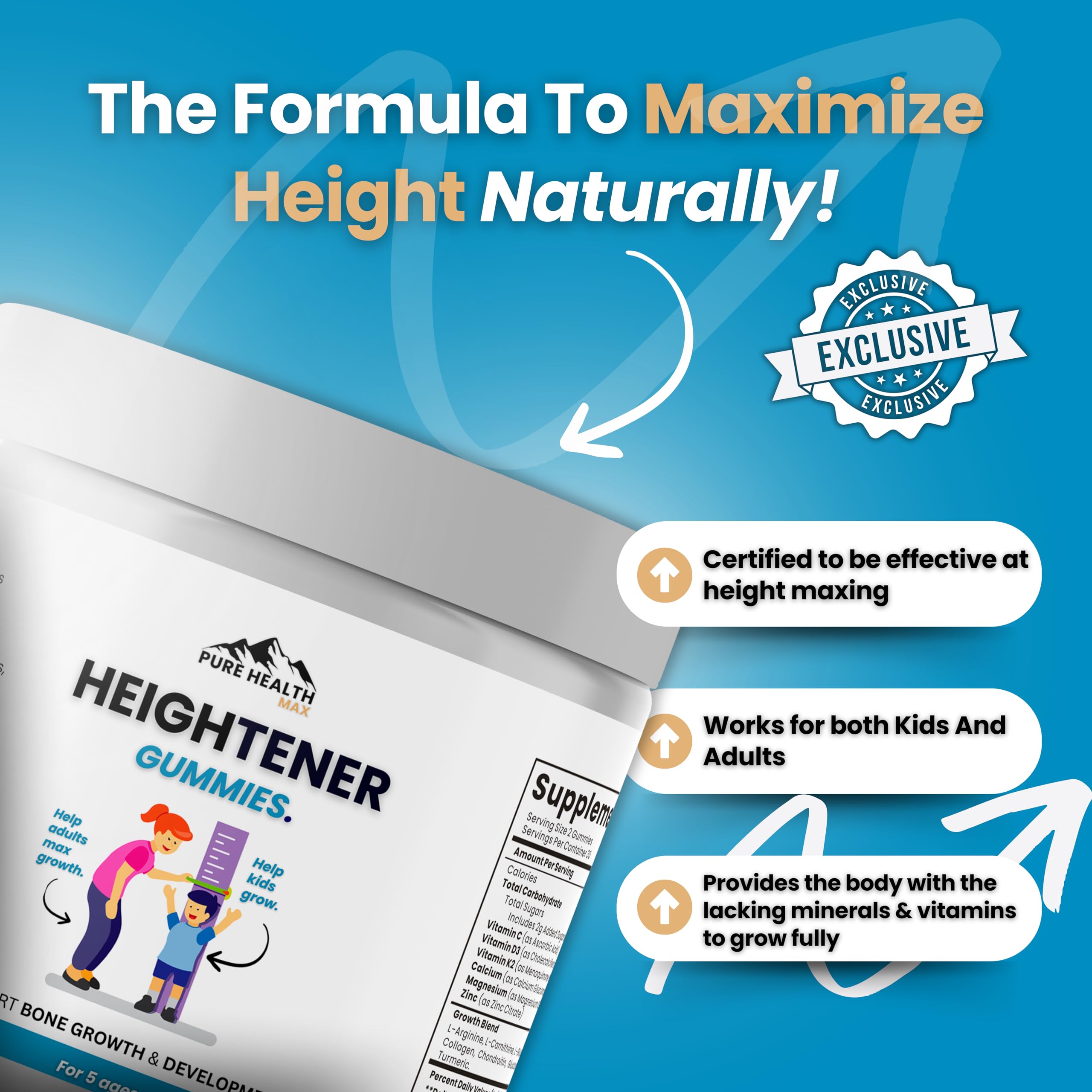 Heightener Gummies - Natural Height Growth Supplement for Kids, Teens and Adults to Increase Bone Strength and Grow Tall | Height Maximizer Pills with L-Arginine, Calcium & Zinc | 60 Gummy PURE HEALTH MAX buy supplements canada