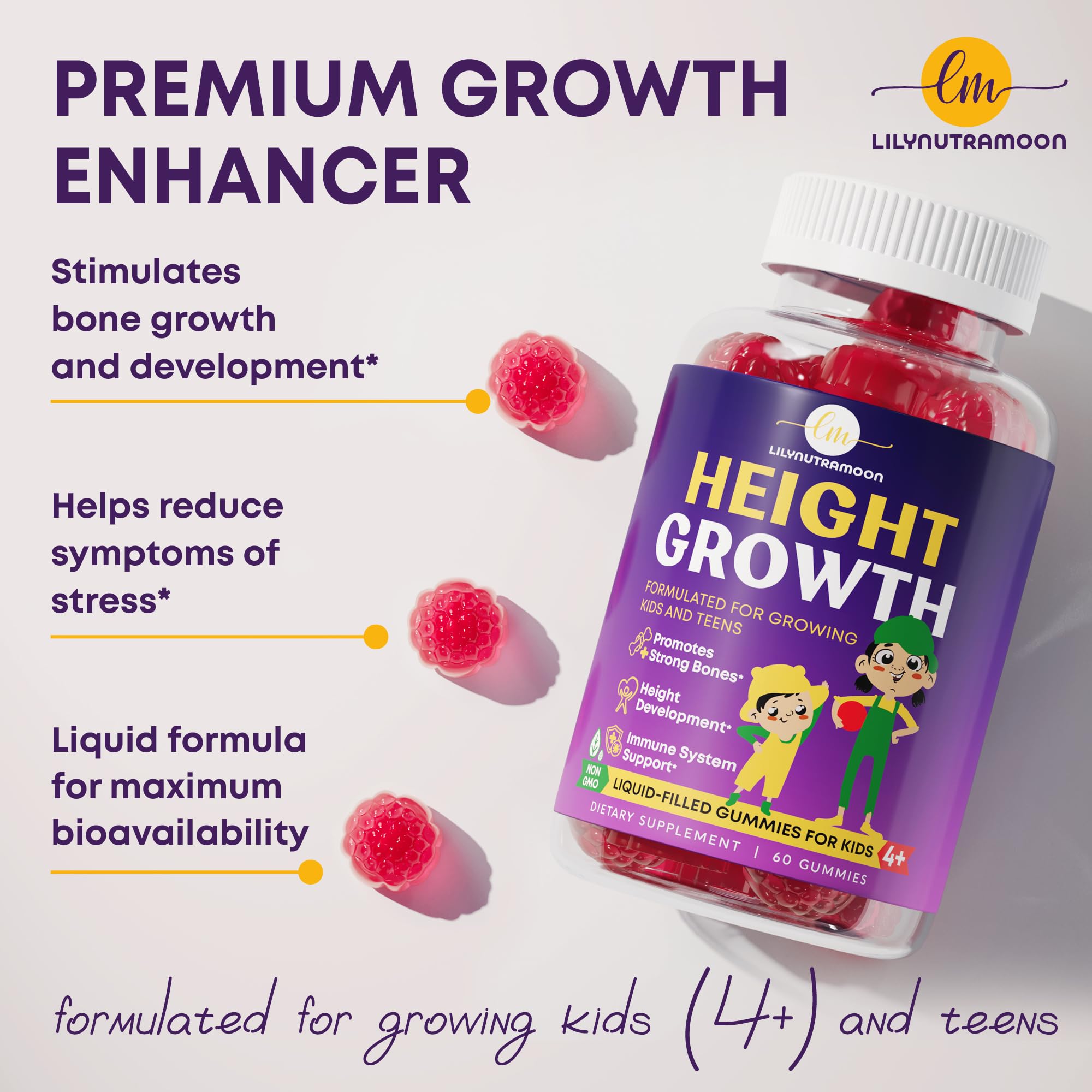 Height Growth Gummies for Kids & Teens - Calcium, Vitamin D3 + K2, Zinc, Magnesium, L-Arginine, Vitamin C - Multivitamin for Teen Boys & Girls - Grow Taller Supplement for Kids Height - 60 Gummies LM LILYNUTRAMOON buy supplements canada