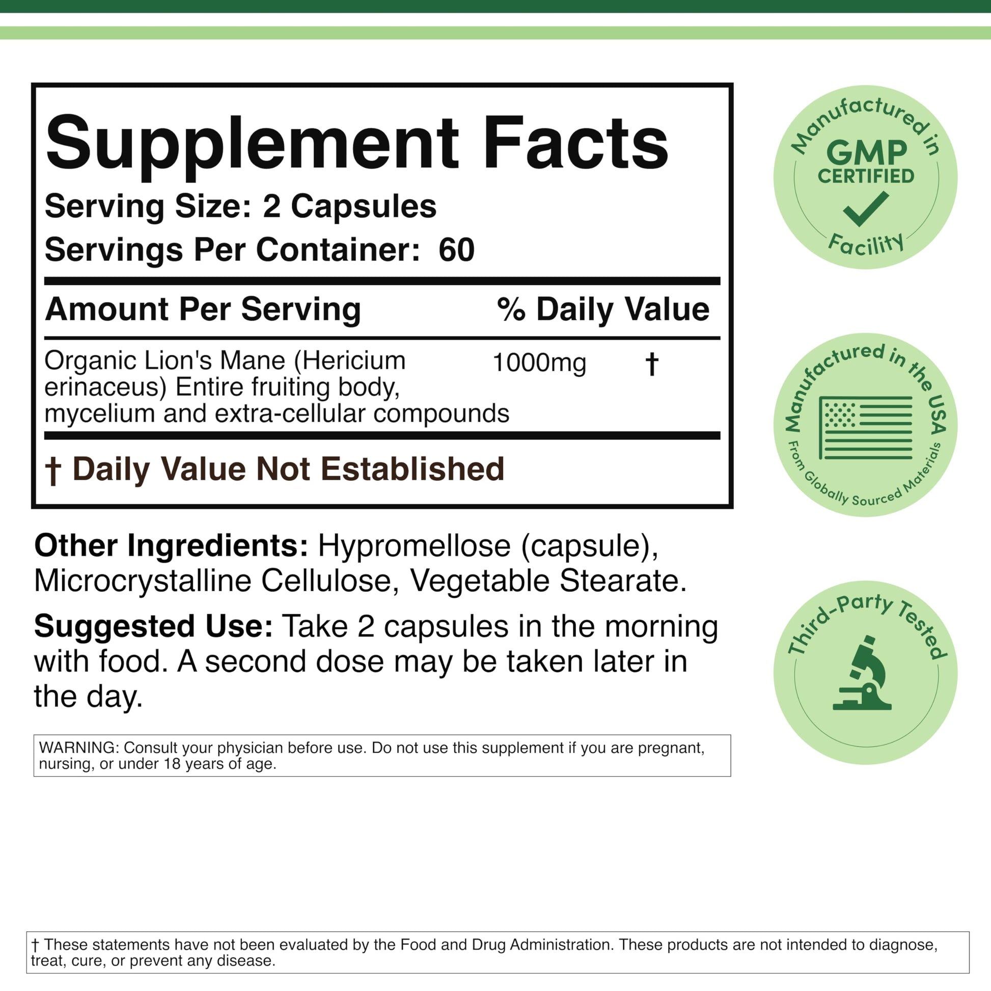 Organic Lions Mane Mushroom Capsules (120 Count), for Focus Support and Immune Health, Third Party Tested and Grown in The USA - by Double Wood Double Wood Supplements buy supplements canada