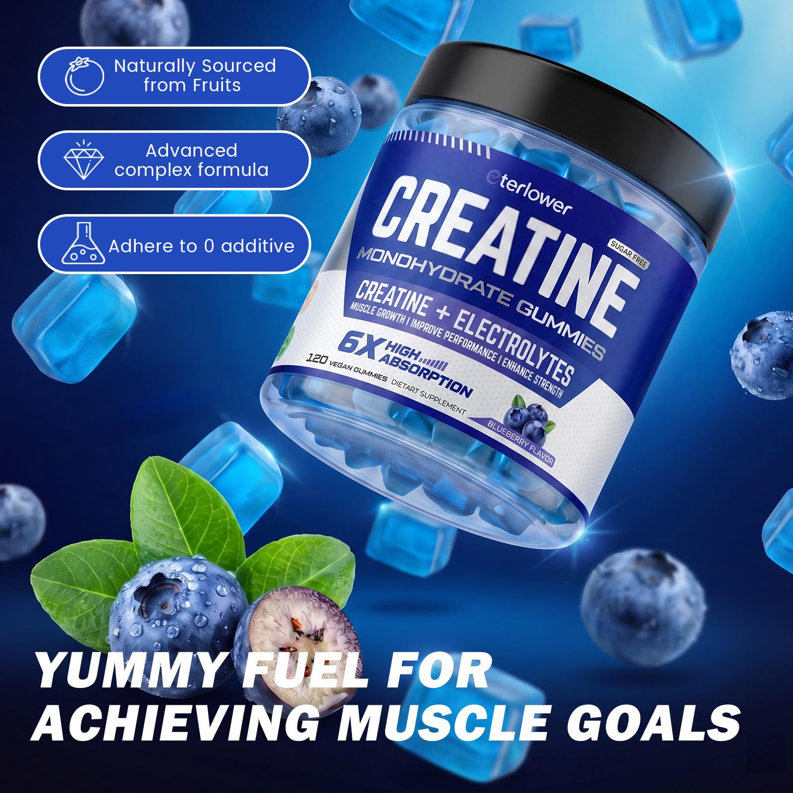 eterlower Creatine Monohydrate Gummies 5g – Pre-Workout Energy & Muscle Growth Support for Men & Women | Blueberry Electrolyte Gummies, 120 Count eterlower buy supplements canada