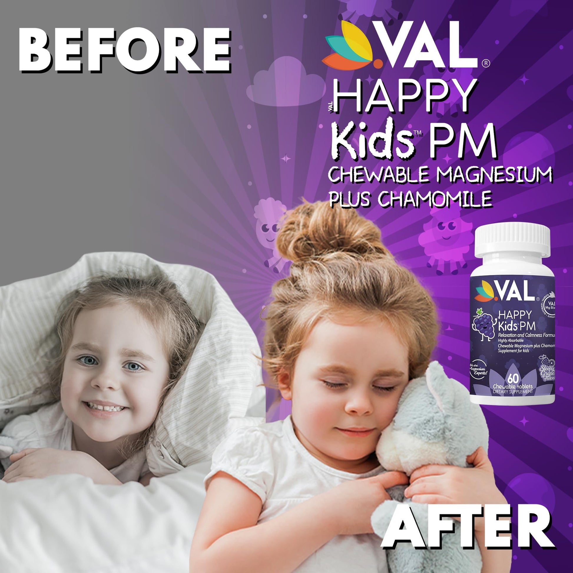 VAL Kids PM Magnesium Gummies | Sugar-Free Chewable Tablets with Chamomile, Magnesium Glycinate + Citrate + Taurate | Vitamin B6 & C | Natural Grape Flavor | Sleep & Calm Support | 60 Ct | Ages 4+ VAL buy supplements canada